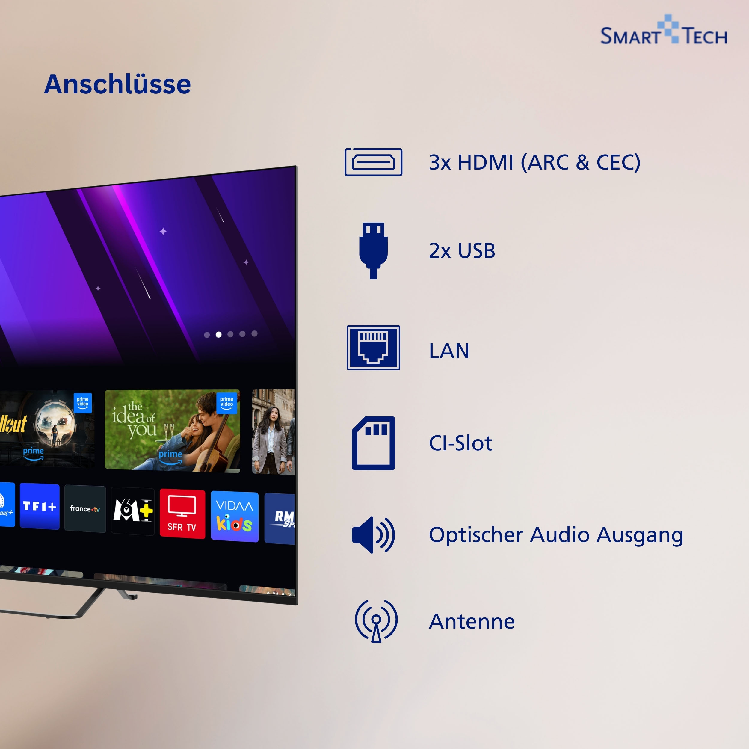 Anschlüsse: 3x HDMI, 2x USB, LAN, CI-Slot, Optischer Audio Ausgang, Antenne.