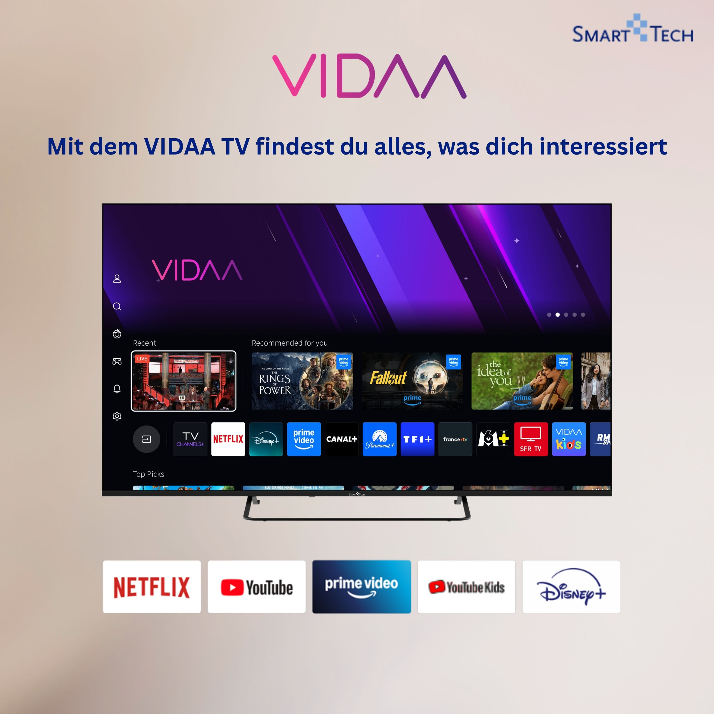 VIDAA Smart TV zeigt Apps wie Netflix, Prime Video, Disney+. Ein Mann sitzt davor.