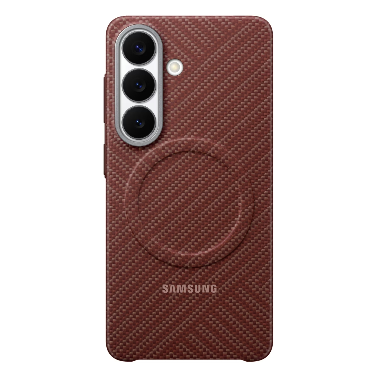 Een bruine telefoonhoes met koolstofpatroon, camera's en Samsung-logo.