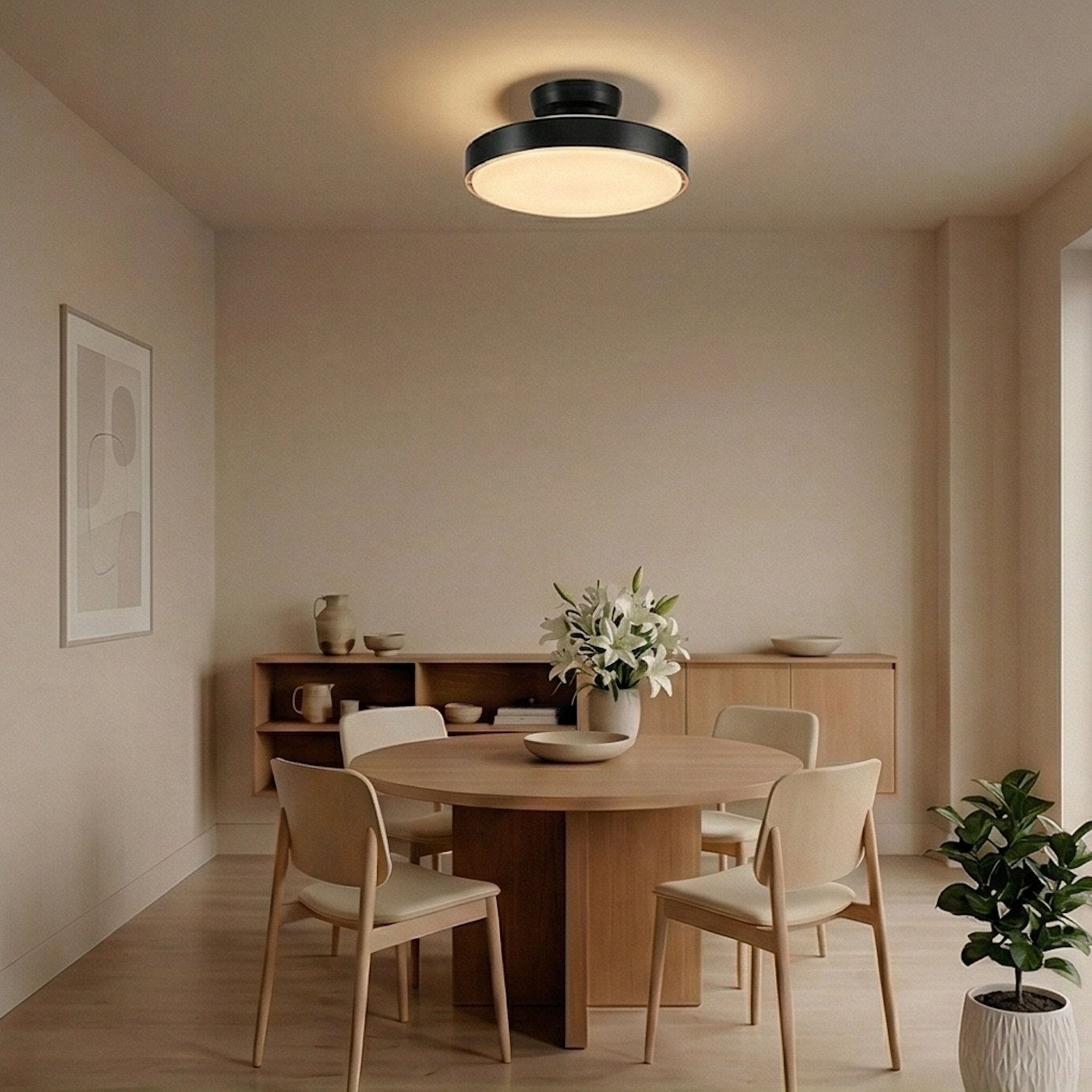 Un comedor moderno con mesa redonda de madera, sillas y luz de techo.