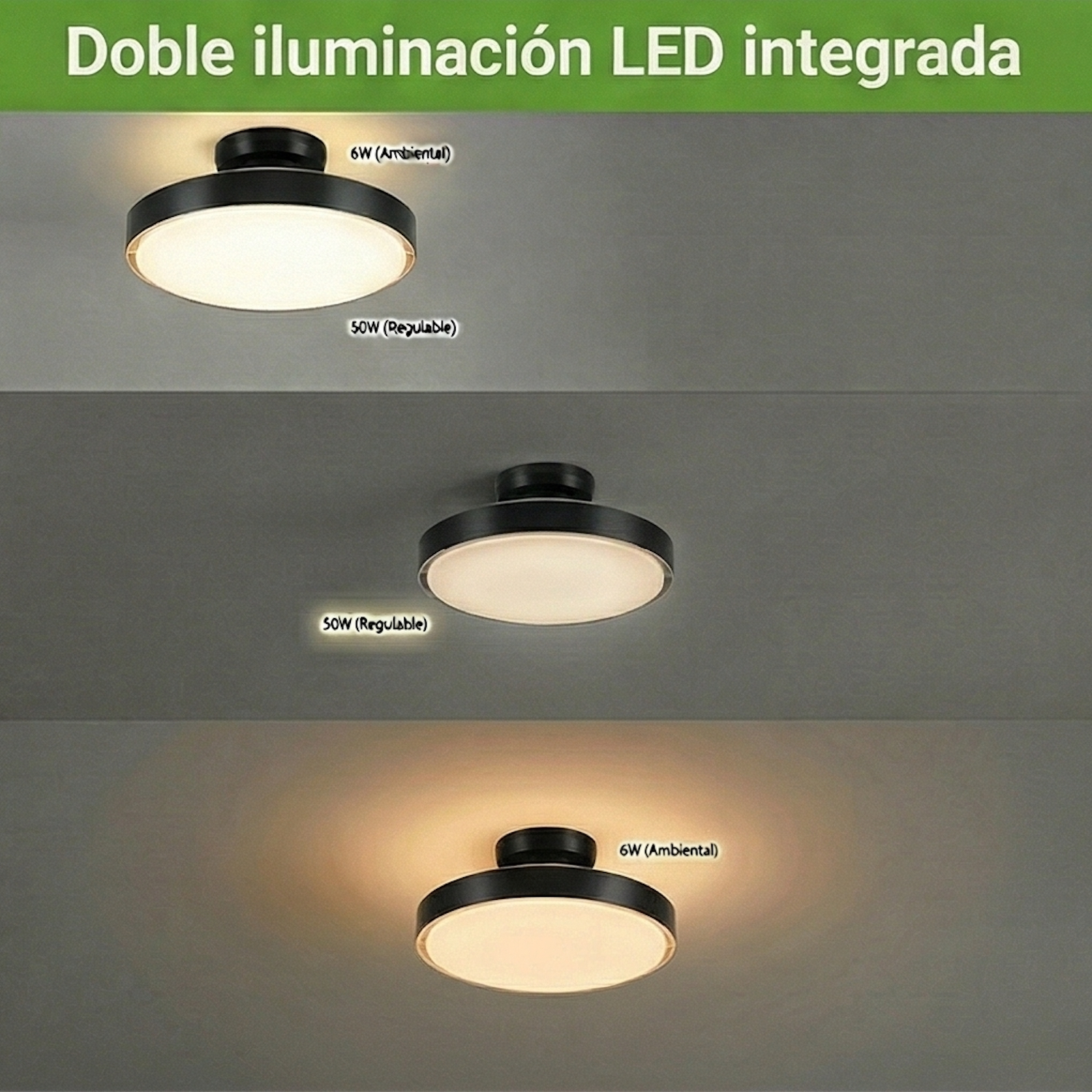 Lámpara de techo con dos luces LED integradas a diferentes niveles de brillo.