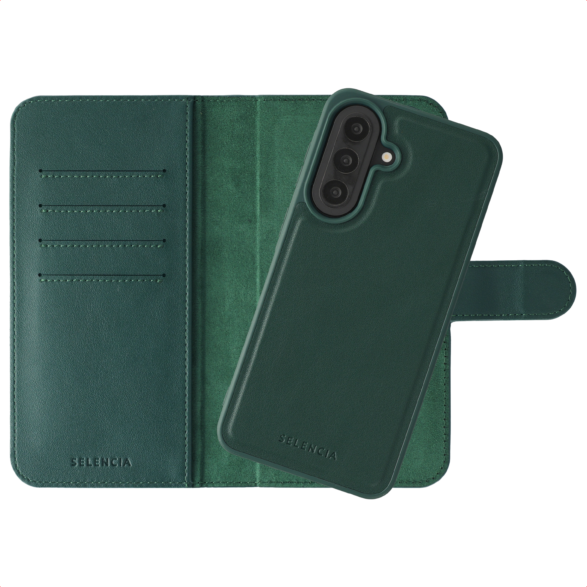 Coque de téléphone vert foncé avec fentes pour cartes et découpe caméra sur fond blanc.