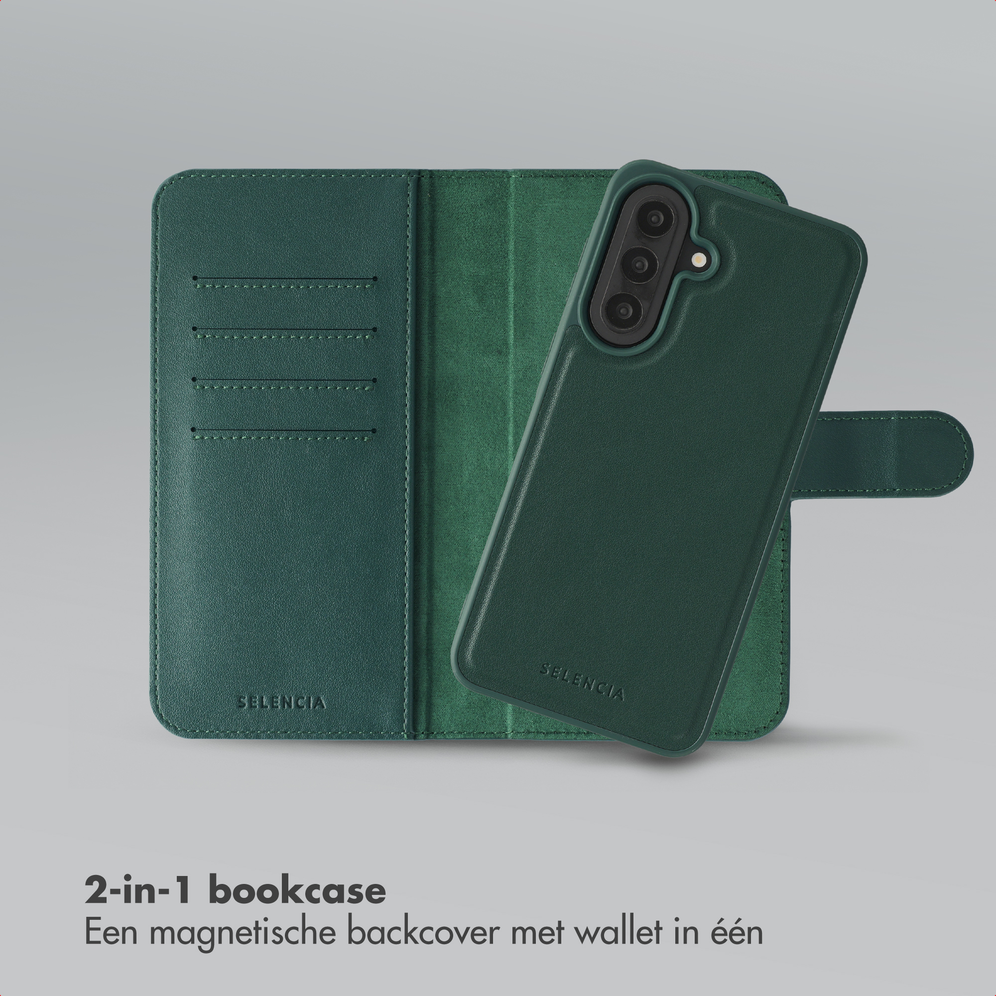 Étui livre vert foncé 2-en-1 pour téléphone avec porte-cartes et fermeture aimantée.
