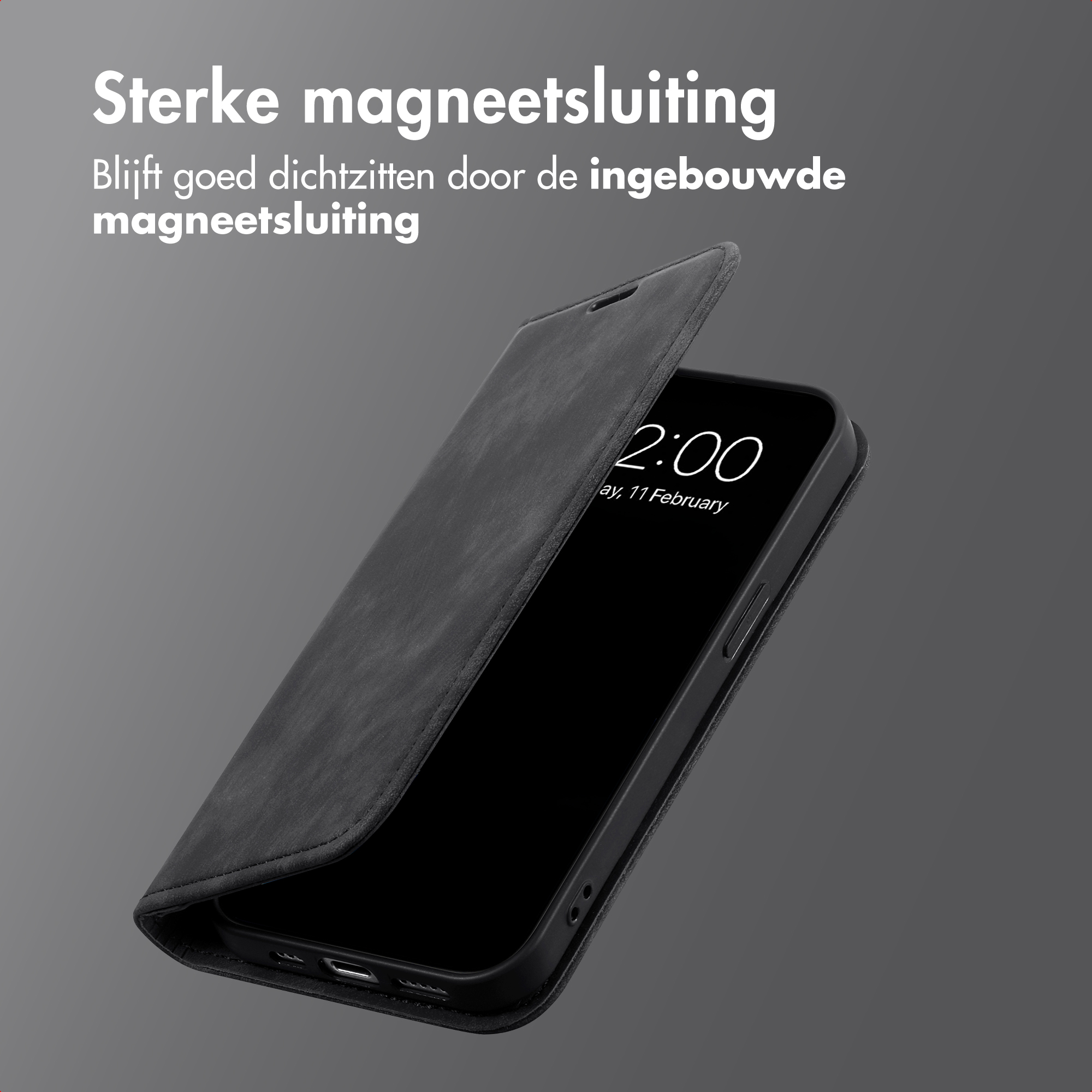 Un telefono nero con cover aperta, che mostra le 2:00.