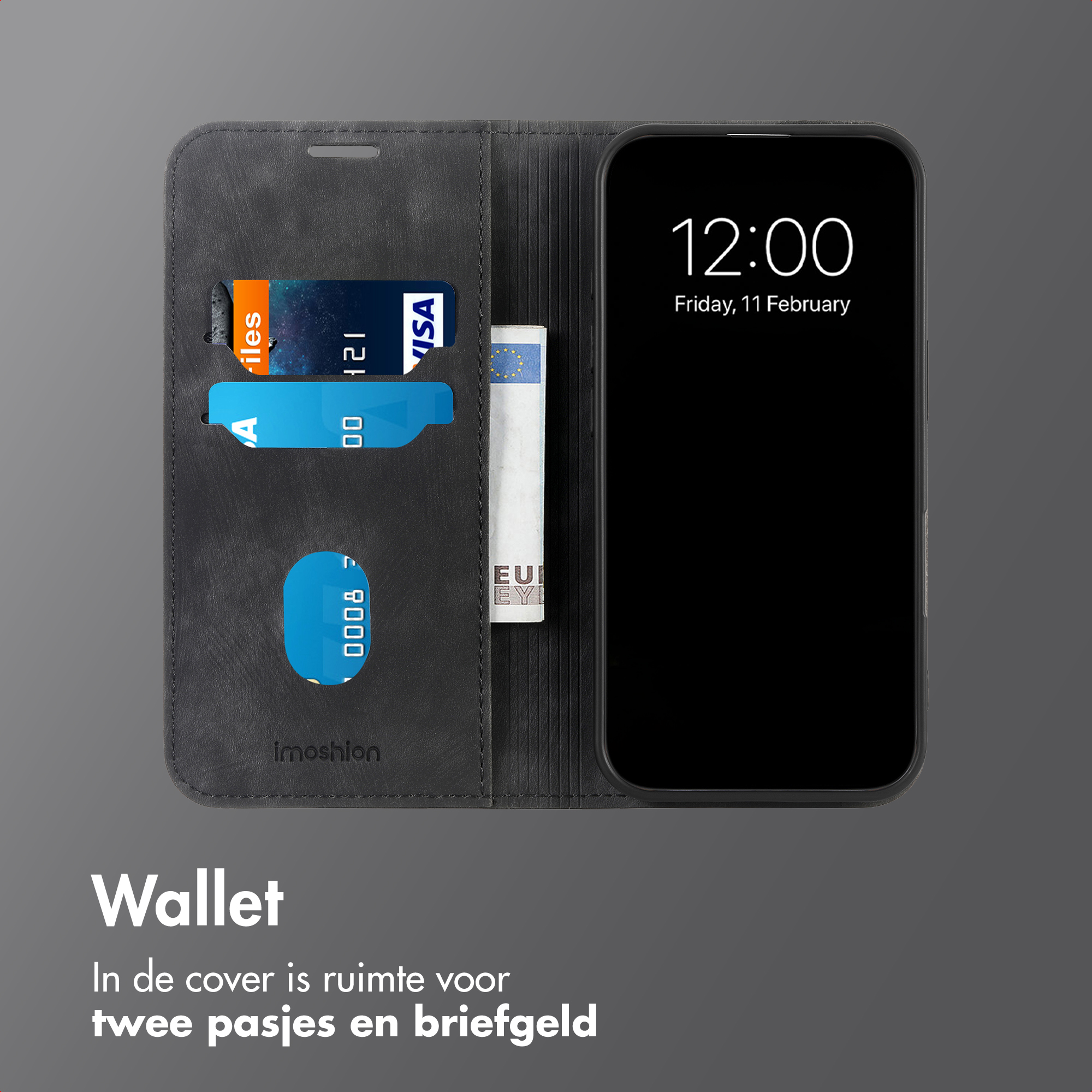 Custodia a portafoglio nera con telefono, carte e contanti. Ore 12:00.