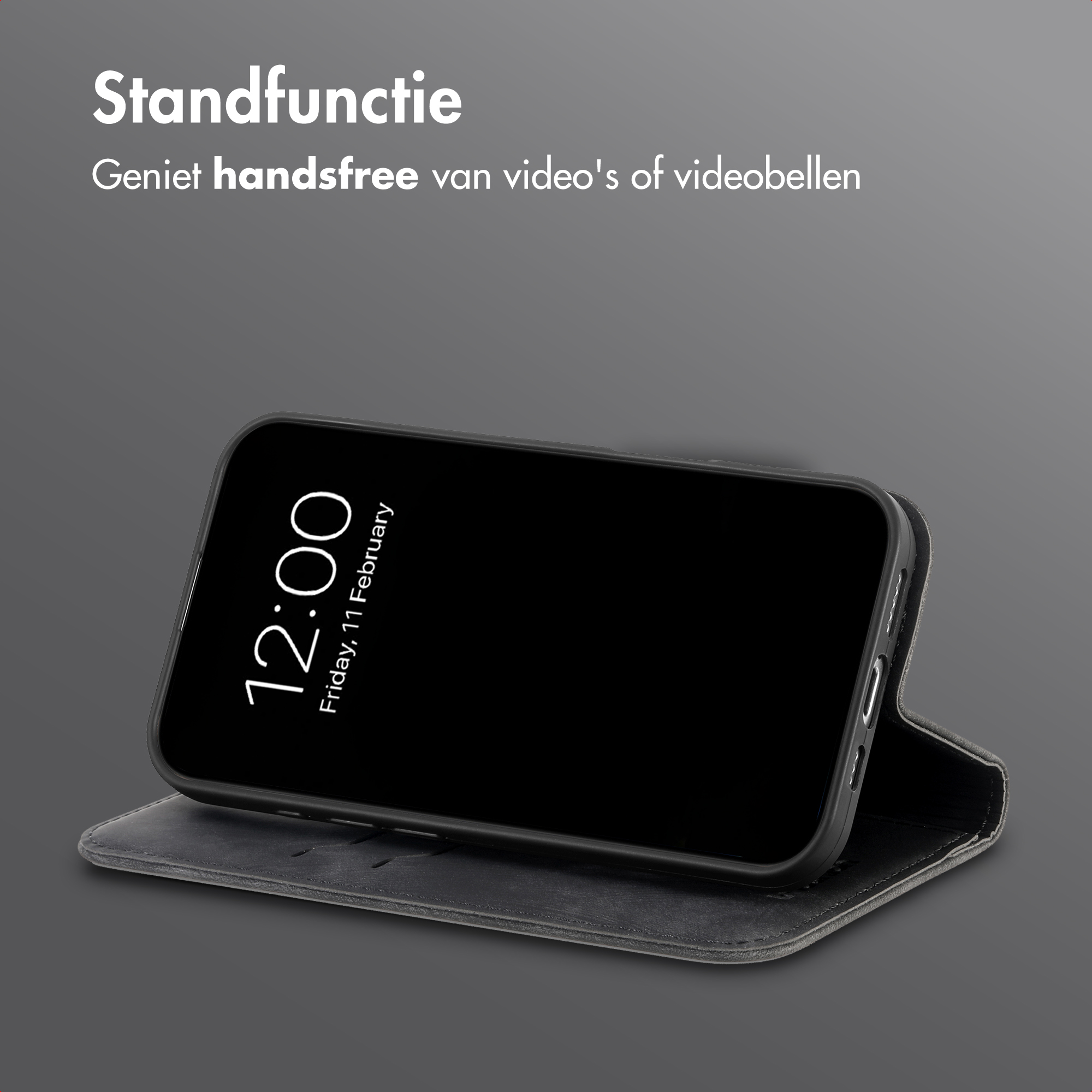 Una custodia a libro grigia aperta, che mostra uno smartphone con l'ora 12:00.