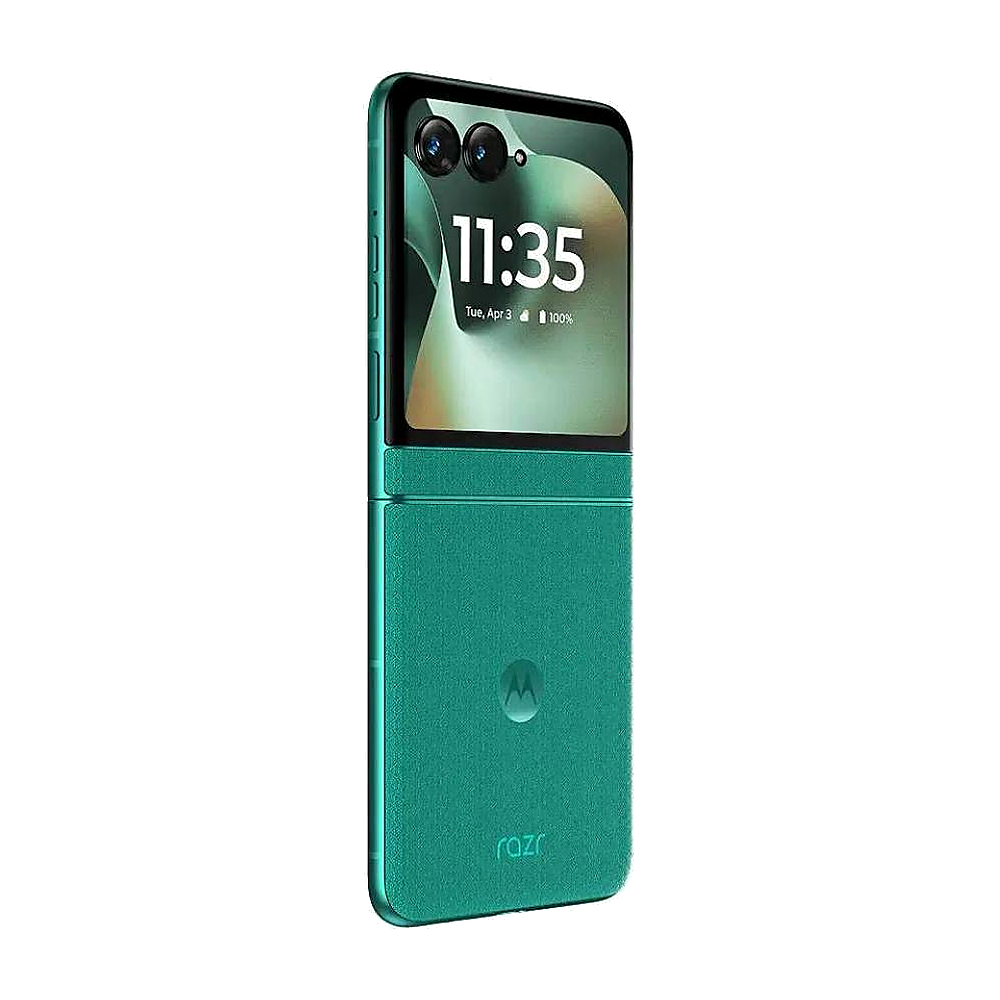 Ein türkisfarbener Flip-Phone mit dem Motorola-Logo und dem Schriftzug "razr".