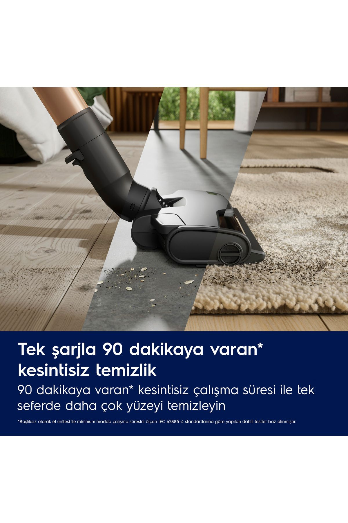 Testina aspirapolvere pulisce parquet e tappeto. Testo: Fino a 90 min.