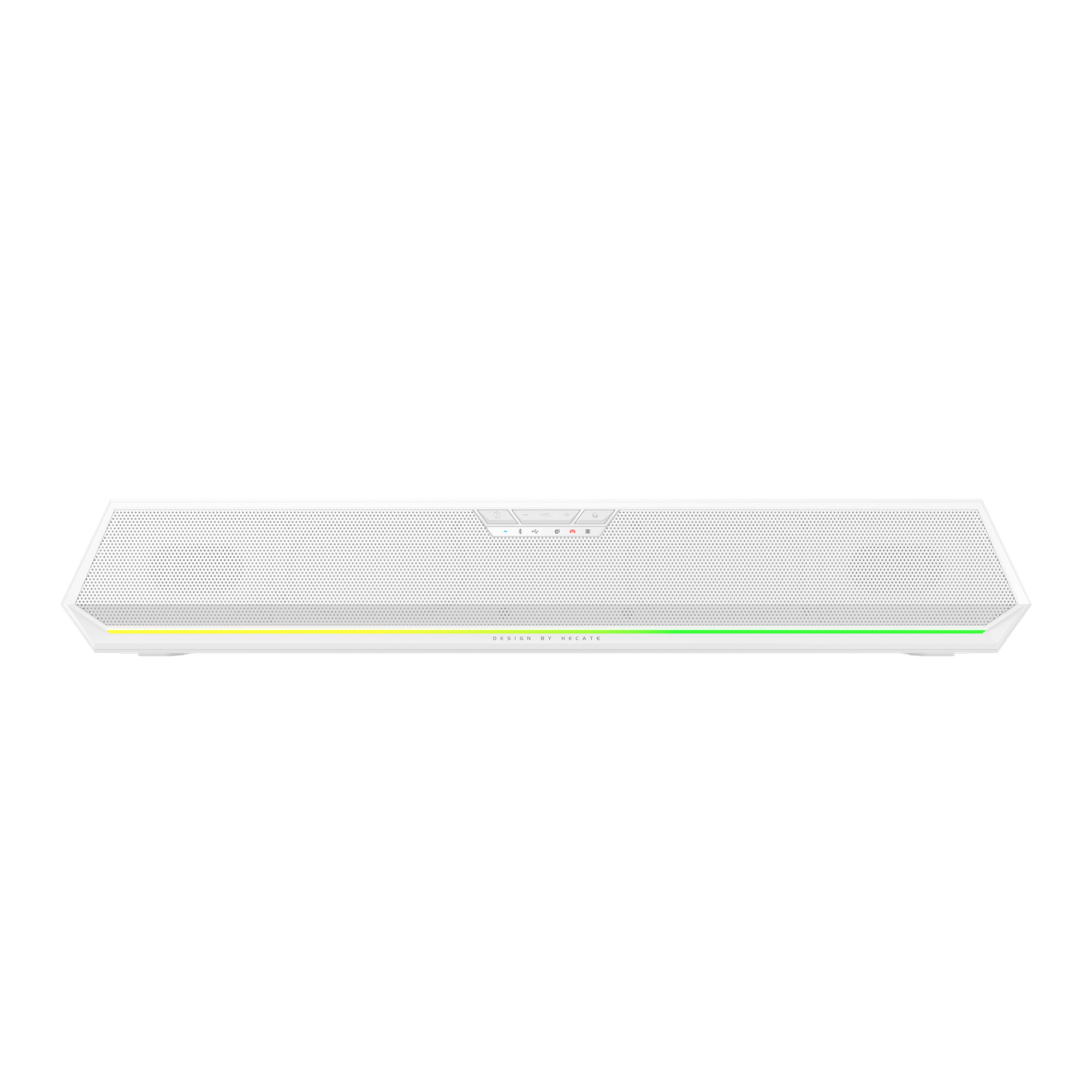 Biała listwa dźwiękowa z maskownicą głośnika i oświetleniem RGB.