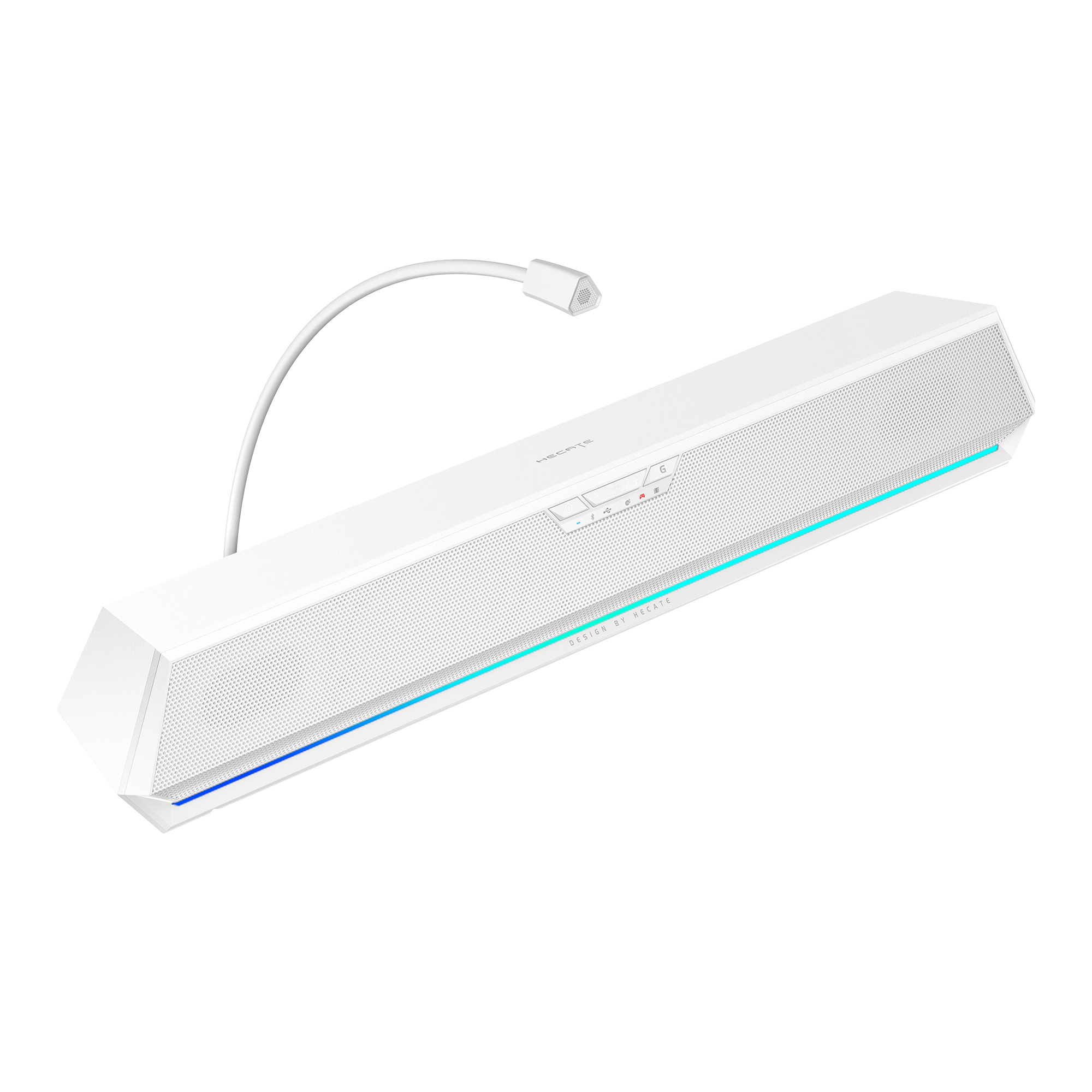 Biały soundbar z mikrofonem i niebieskim podświetleniem LED. Góra ma przyciski.