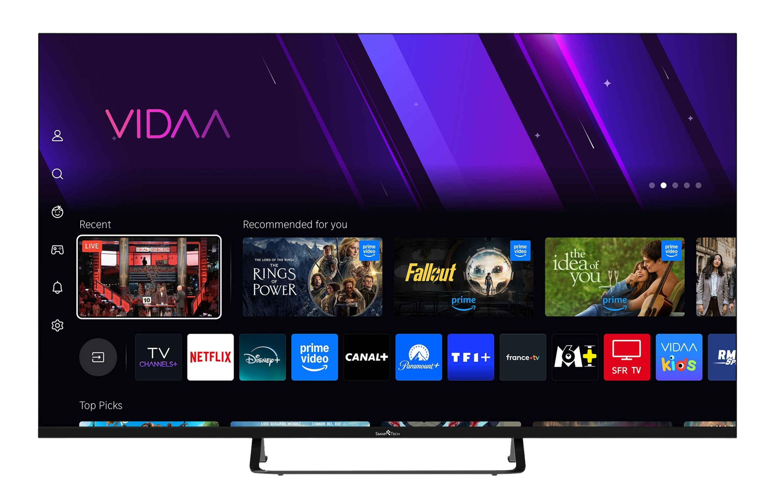 VIDAA Smart TV Startbildschirm mit Apps wie Netflix, Disney+, Prime Video.