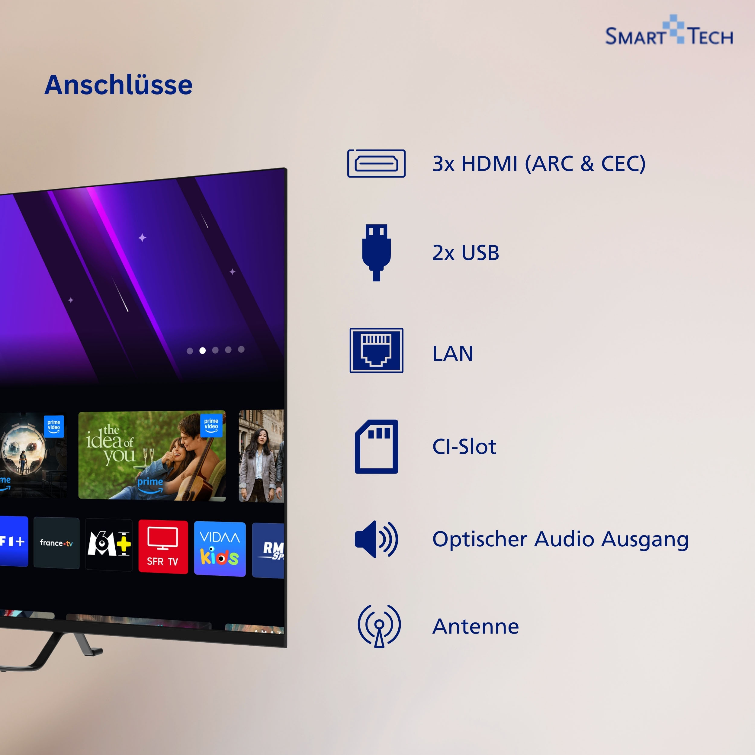 Smart TV Anschlüsse: 3x HDMI, 2x USB, LAN, CI-Slot, Optischer Audio Ausgang, Antenne.