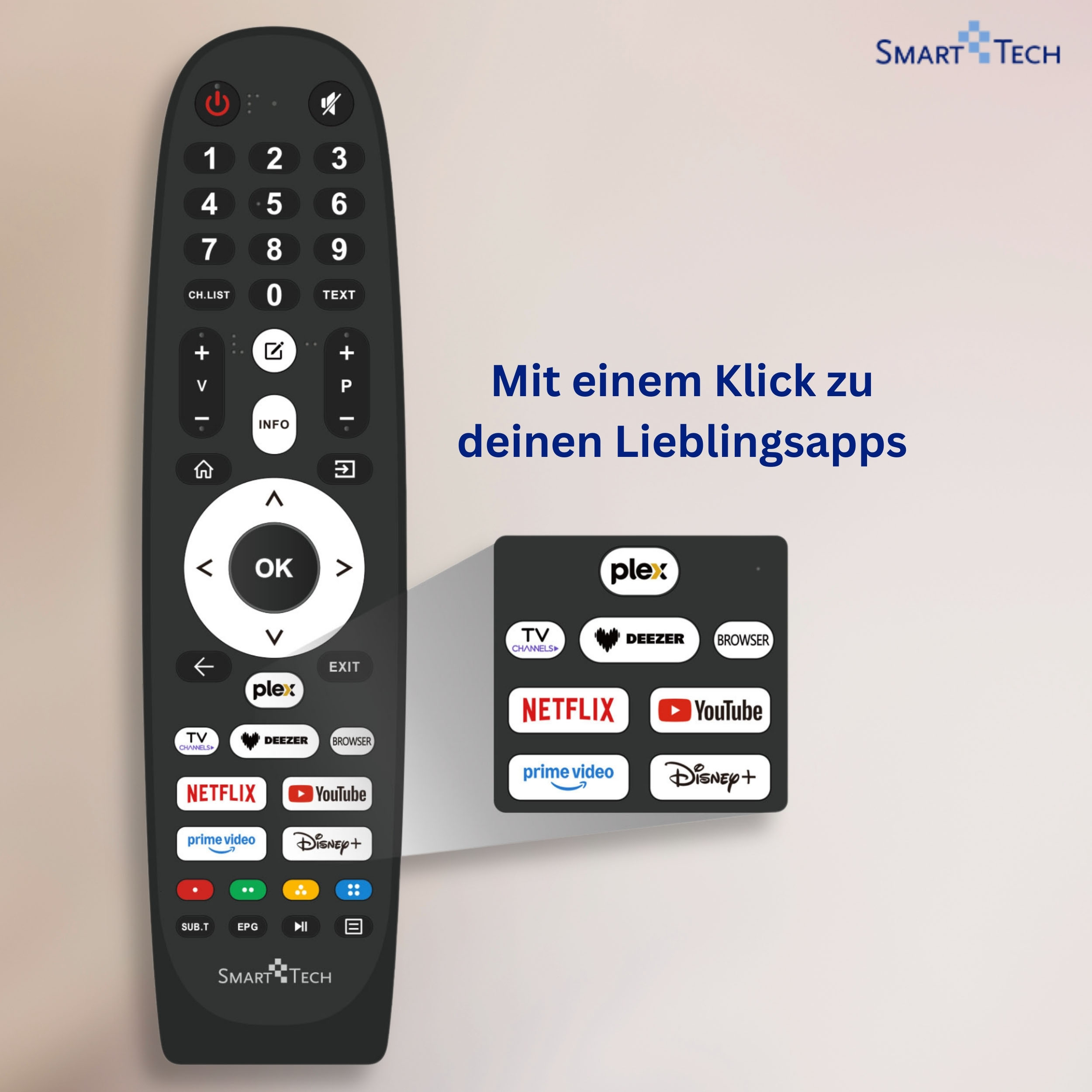 Ein schwarzer Smart TV-Fernbedienung mit Tasten und App-Symbolen.