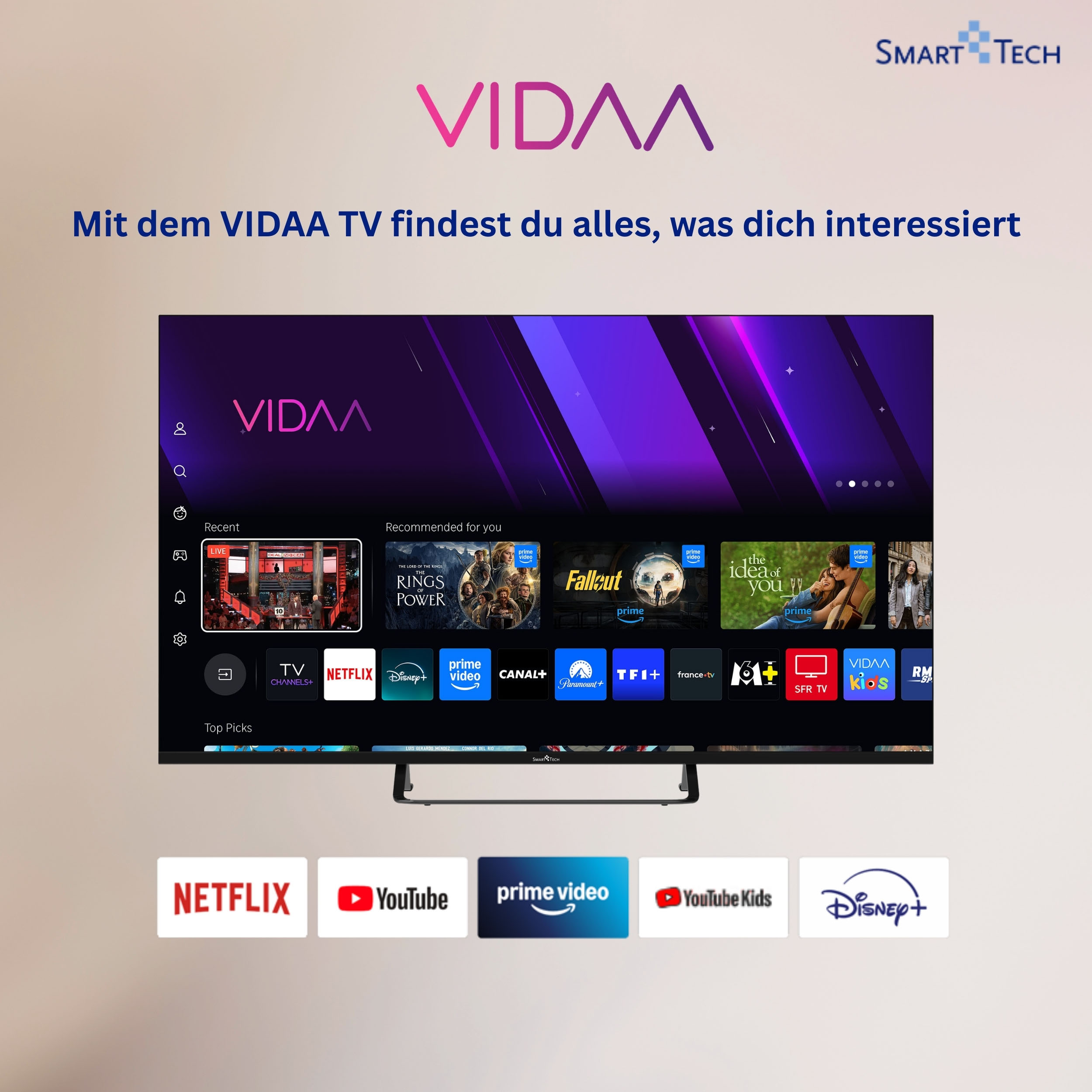 VIDAA Smart TV-Oberfläche mit App-Logos wie Netflix, Prime Video und Disney+.
