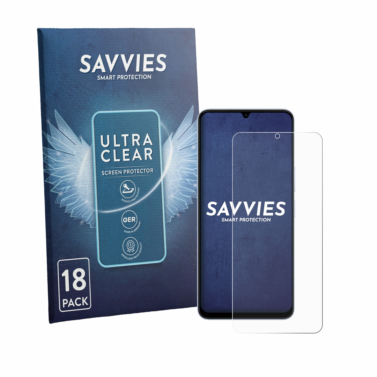 Savvies Ultra Clear Displayschutzfolien-Packung für ein Smartphone. Enthält 18 Schutzfolien.