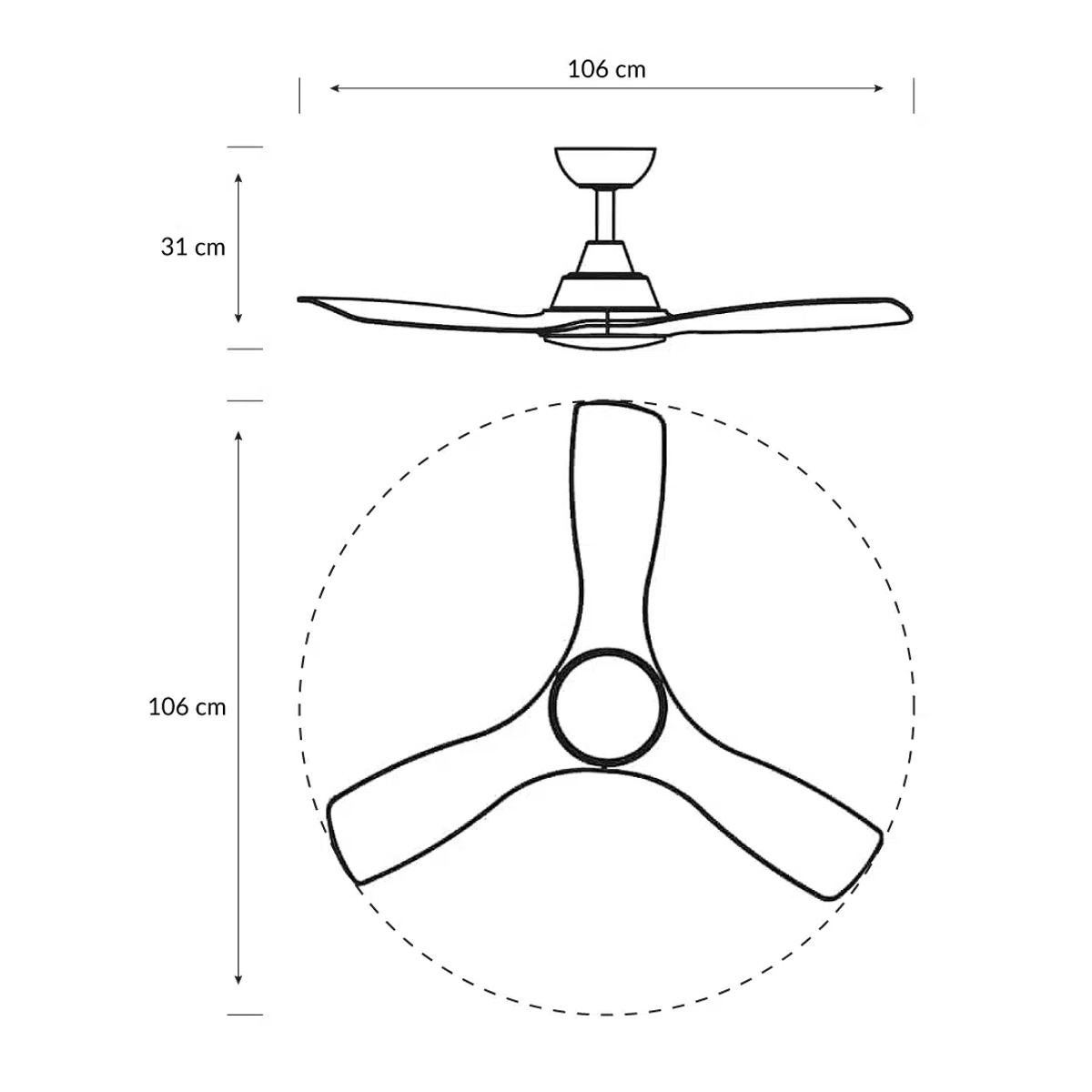 Disegno al tratto di un ventilatore da soffitto con dimensioni 106x31 cm.