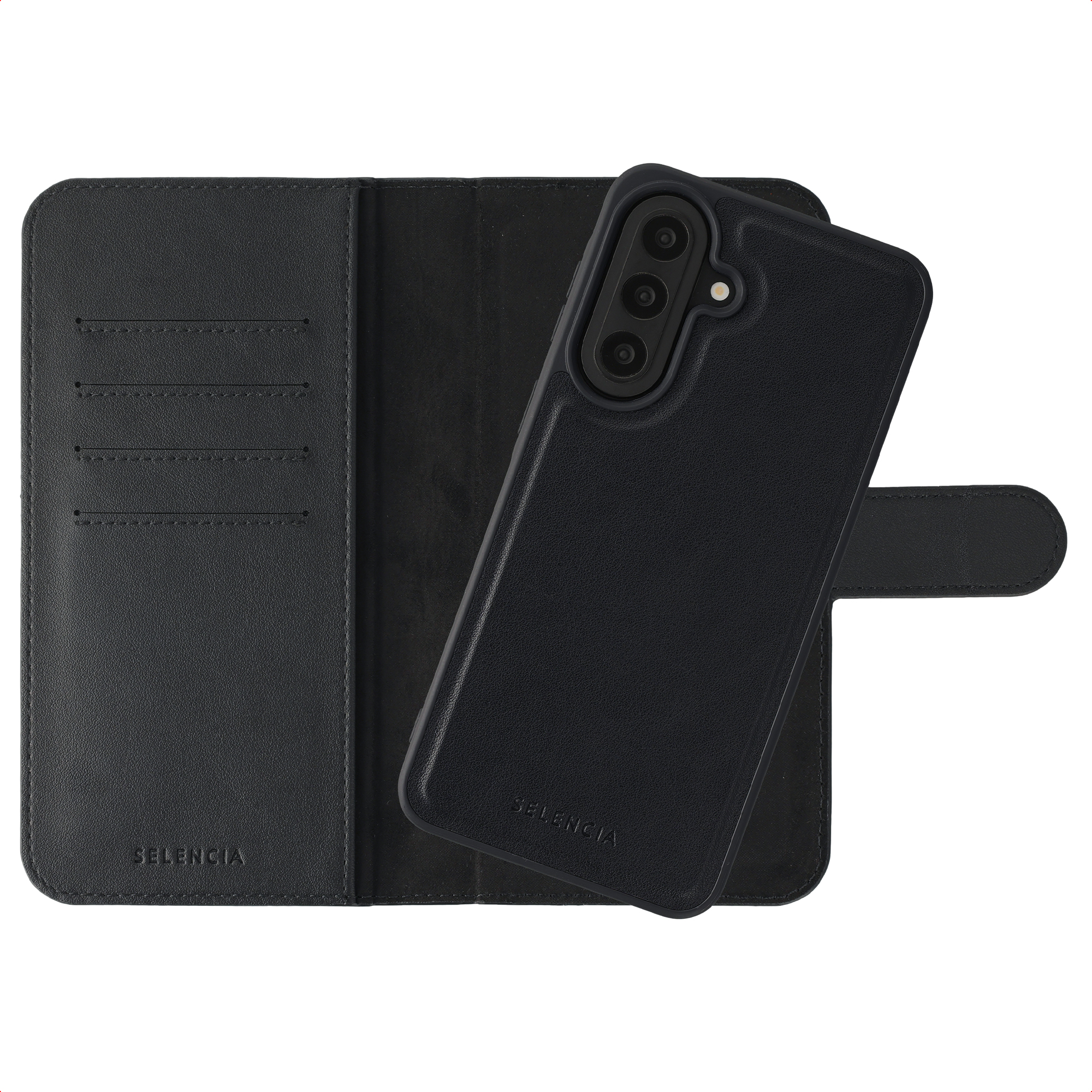 Coque de téléphone noire avec fentes pour cartes et support.