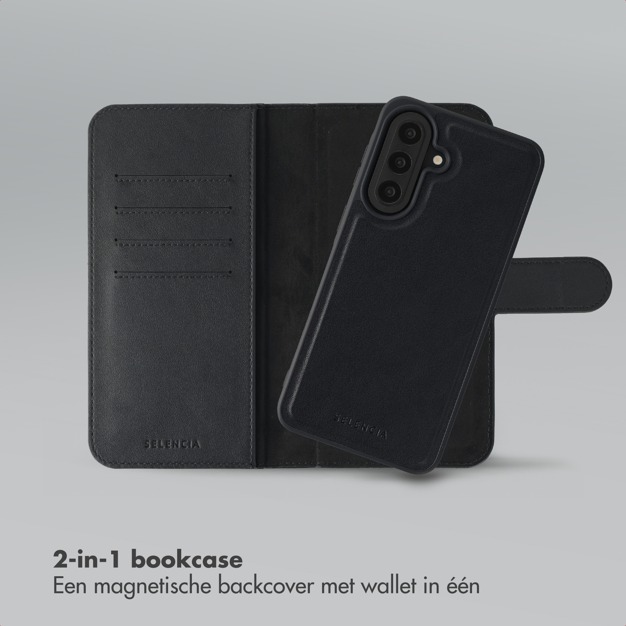 Étui portefeuille noir pour téléphone avec trois fentes pour cartes et fermeture magnétique.