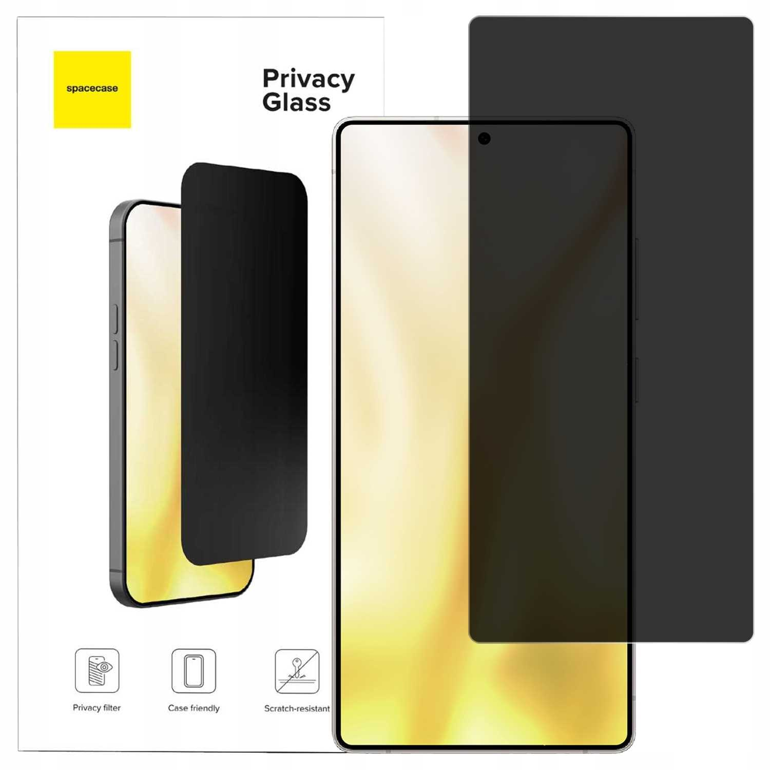 Telefon z folią ochronną na ekran prywatności i opakowaniem.