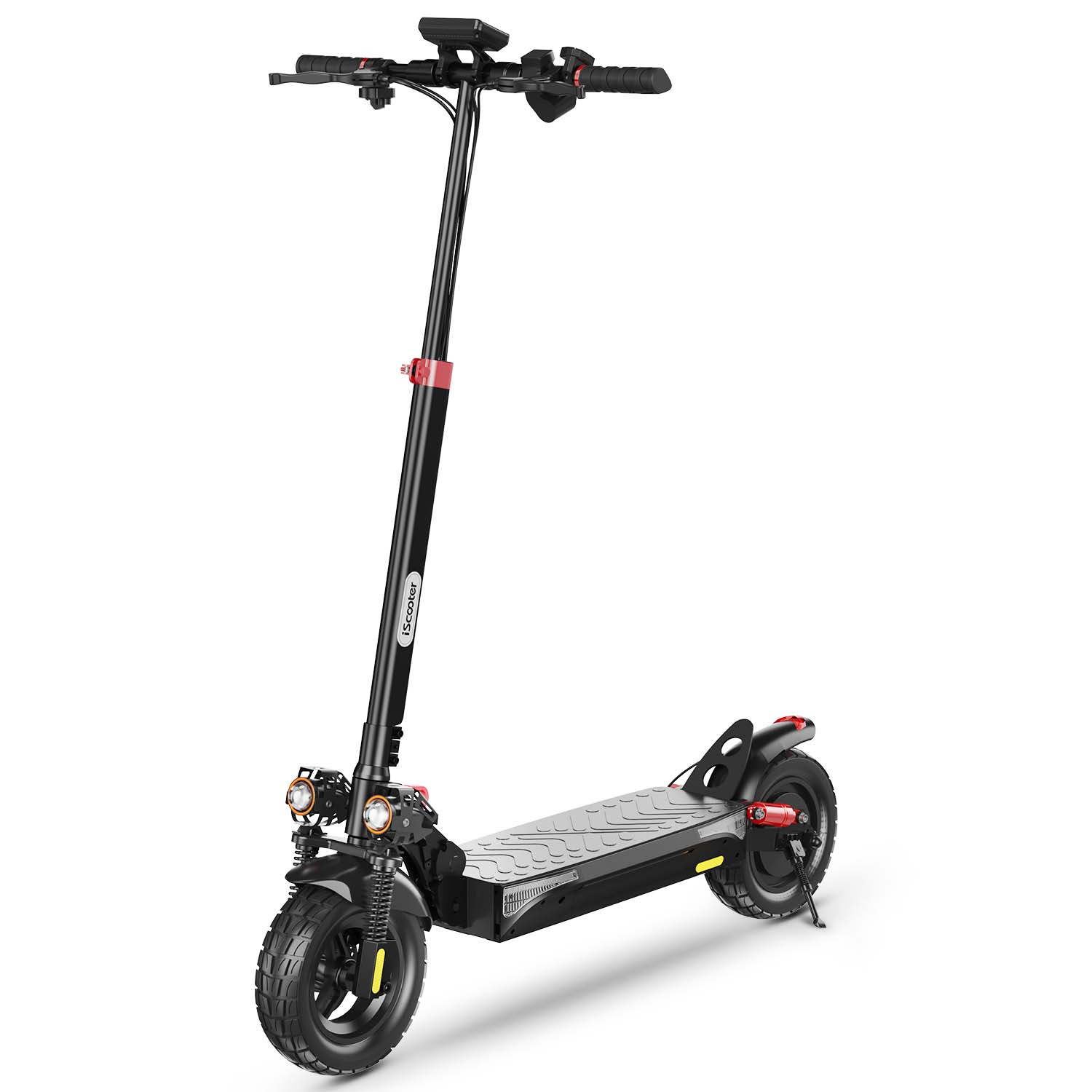 Uno scooter elettrico nero con due luci anteriori e accenti rossi.
