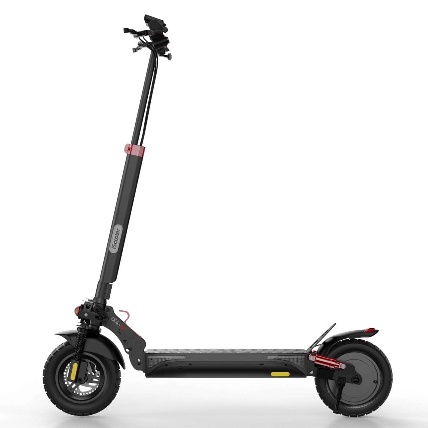 Monopattino elettrico nero con accenti rossi su sfondo bianco.
