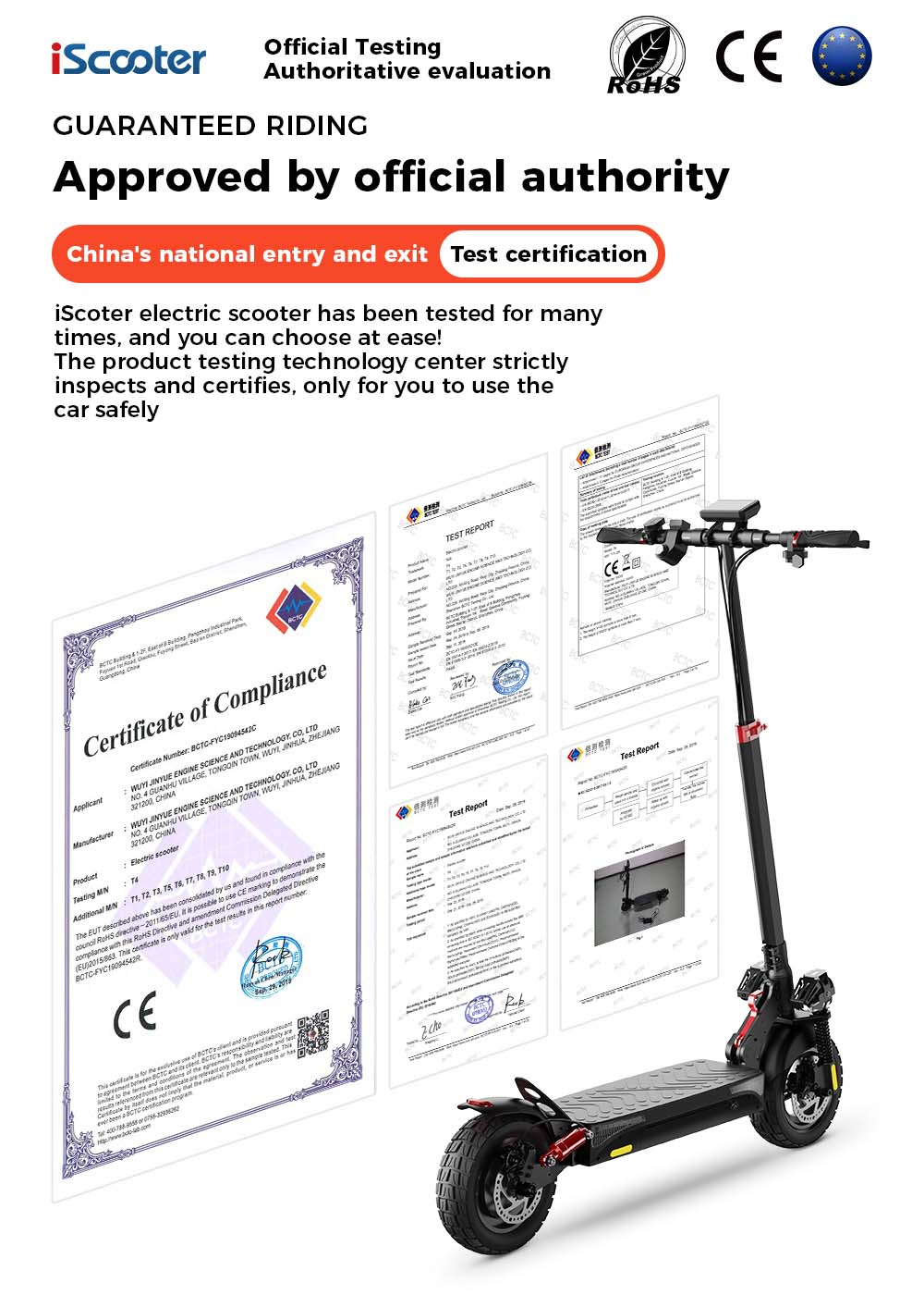 Uno scooter elettrico nero con certificati e rapporti di prova.