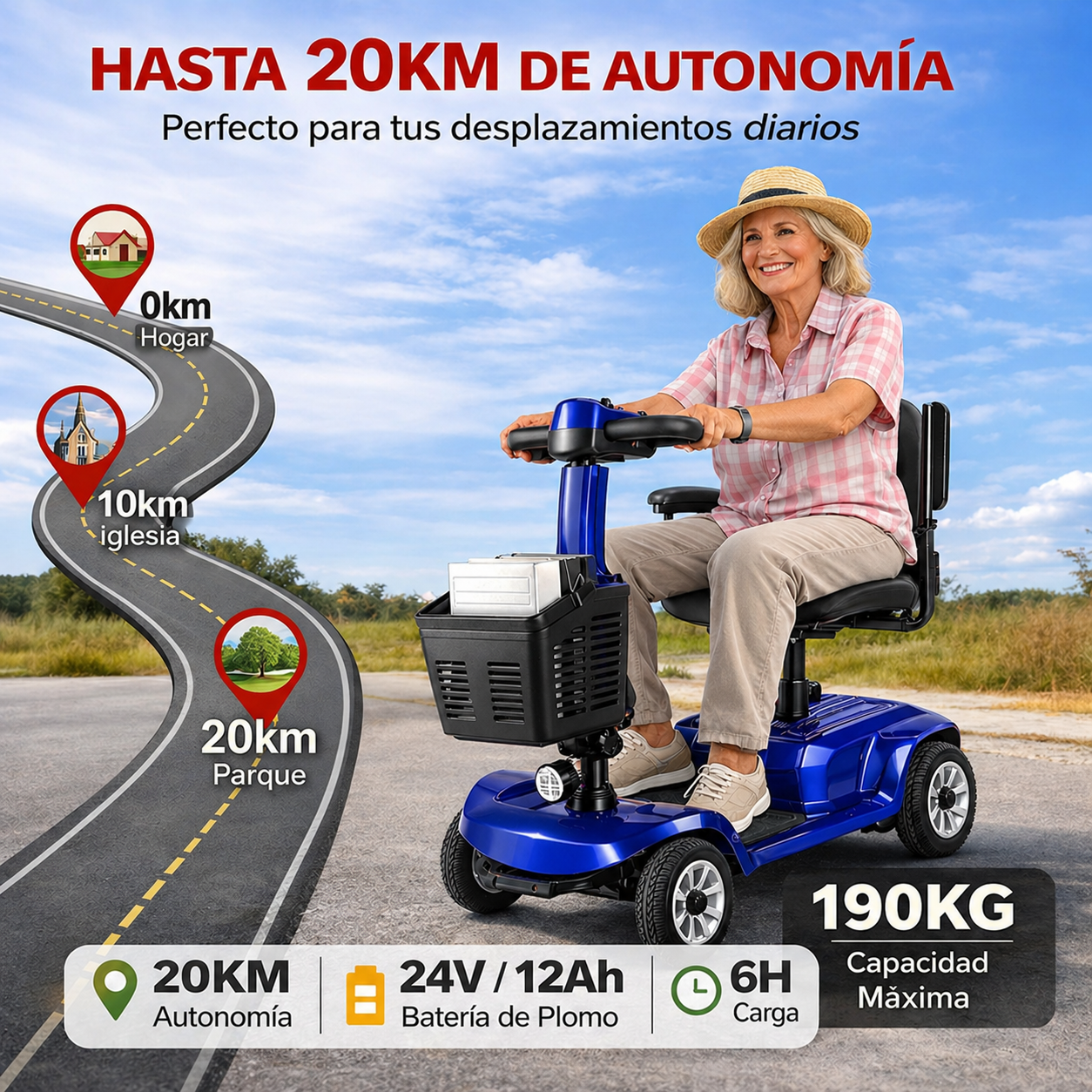 Una mujer conduce un scooter eléctrico azul en una carretera, con marcadores de distancia.