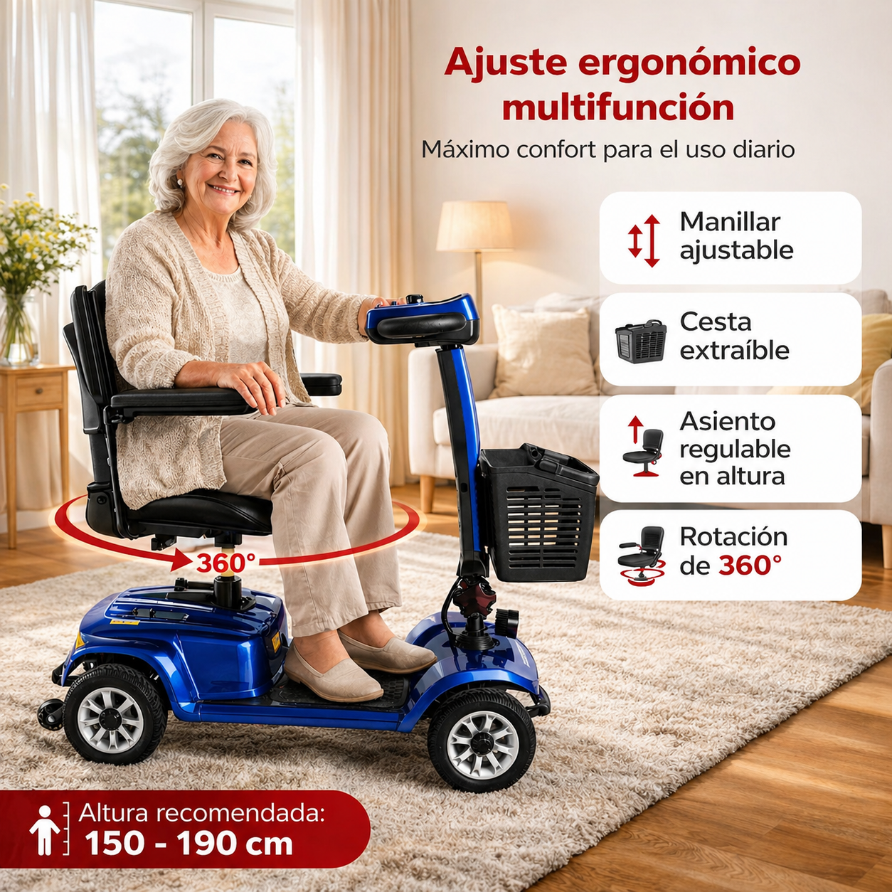 Mujer mayor sentada en un scooter de movilidad azul diseñado para comodidad y uso diario.