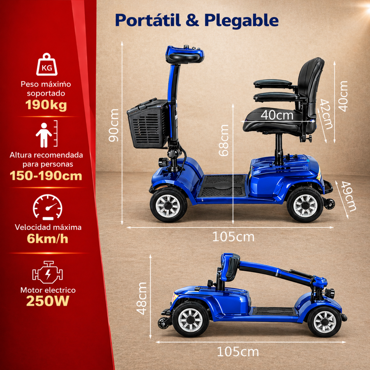 Un scooter eléctrico azul, mostrado extendido y plegado. Las especificaciones están listadas a la izquierda.