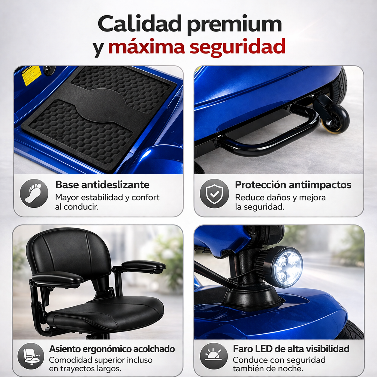 Características scooter: base antideslizante, protección, asiento, faro LED.