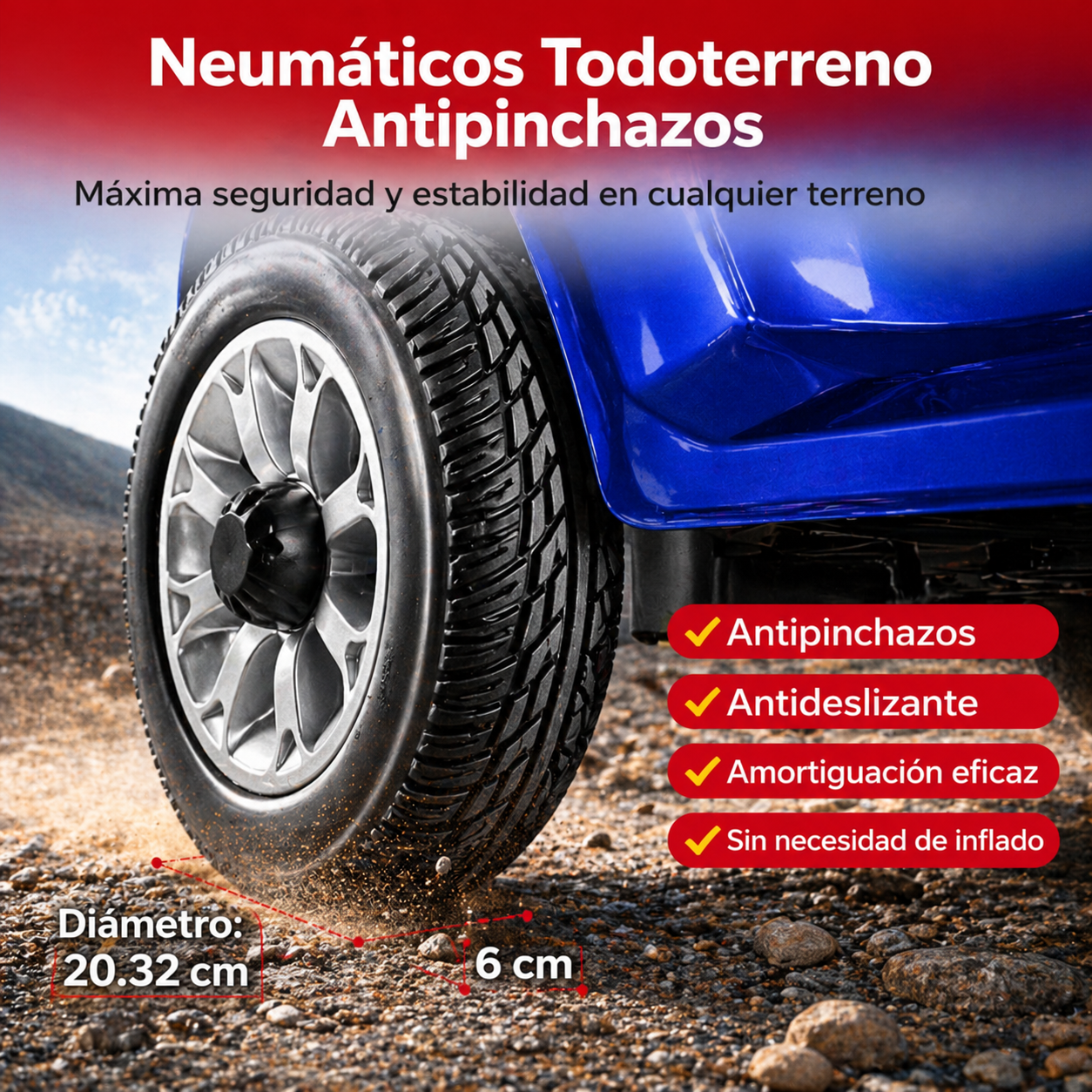 Neumático todoterreno azul con llanta sobre suelo pedregoso. Diámetro 20,32cm.
