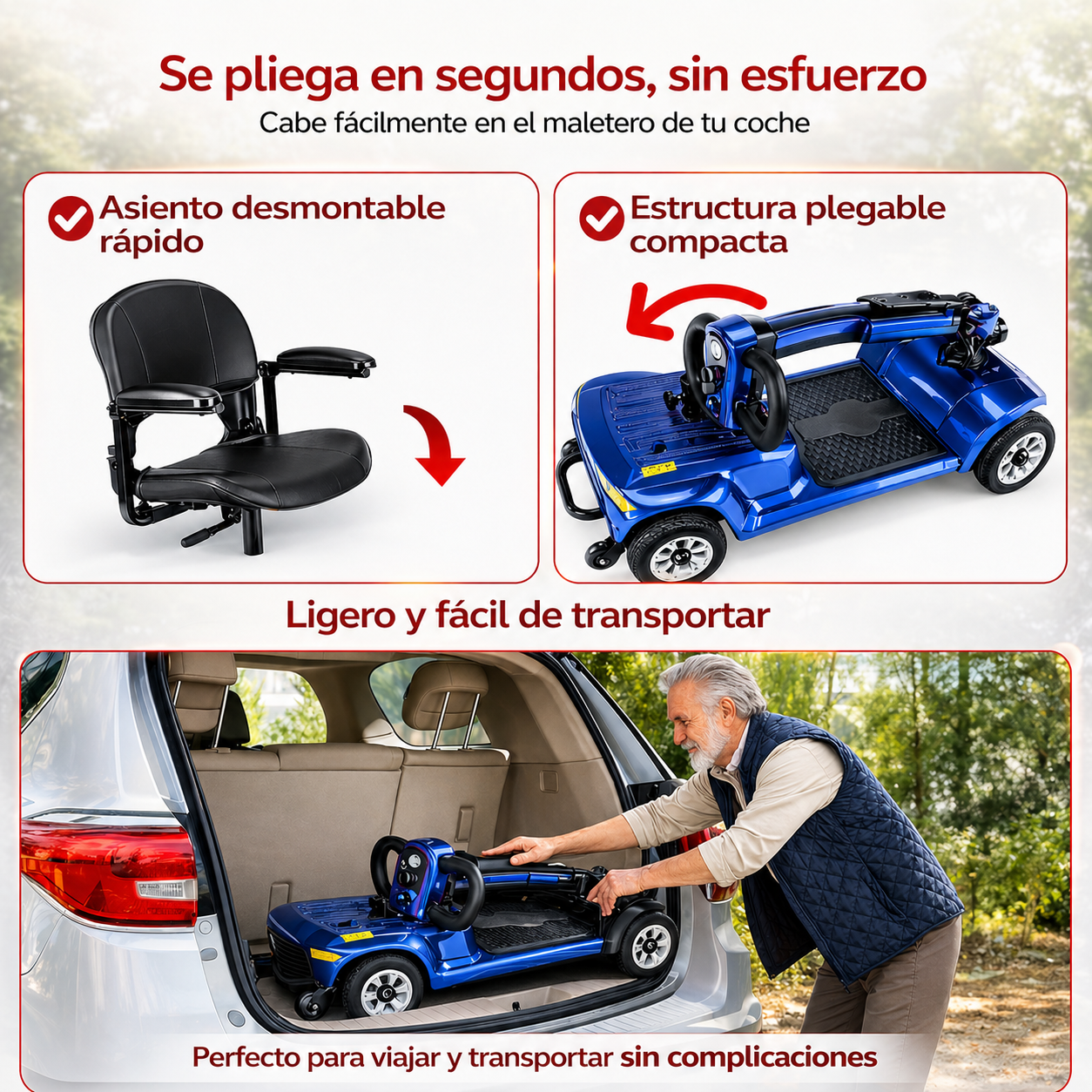 Un hombre carga un scooter azul en el maletero de un coche. El asiento es desmontable.