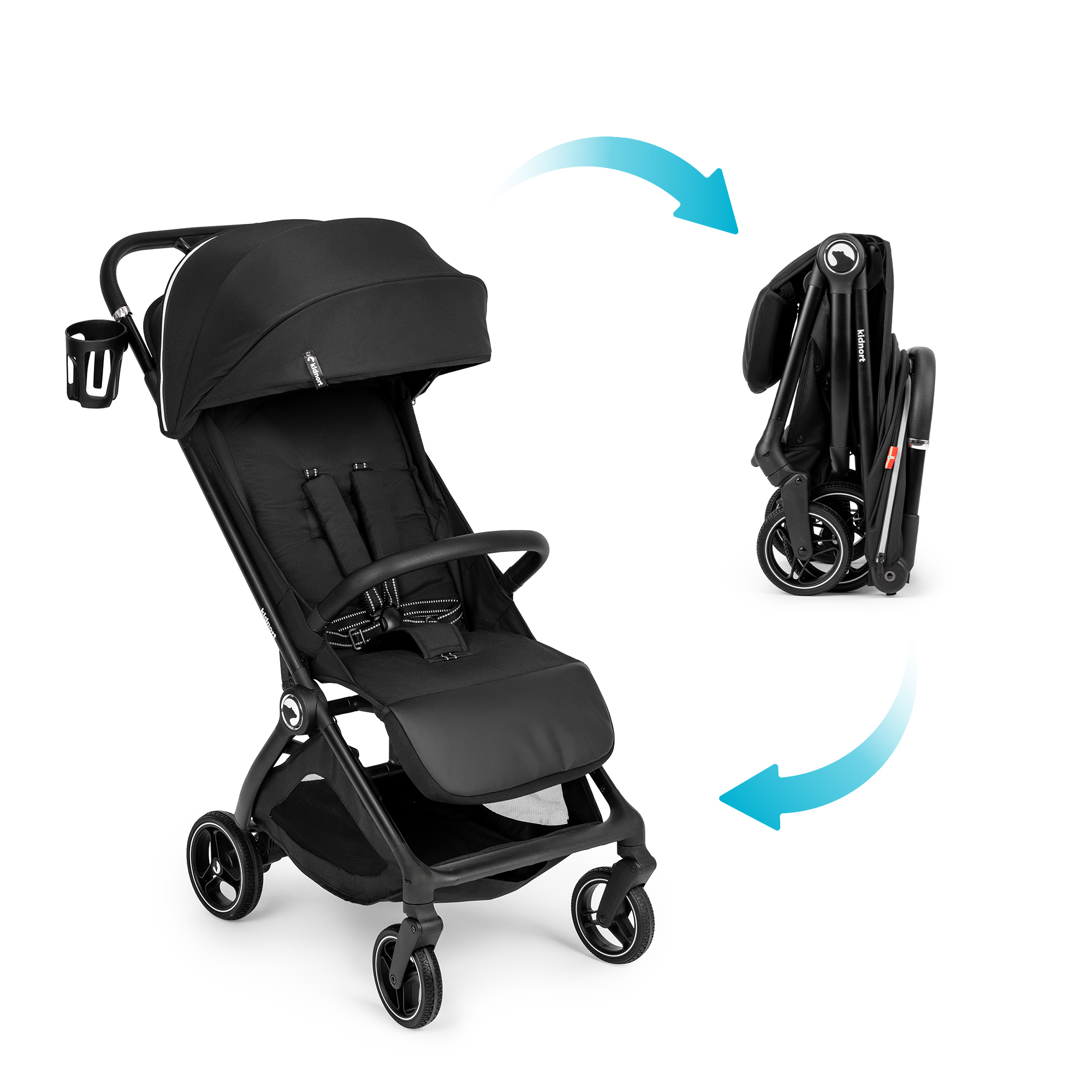 Czarny wózek po lewej, złożony wózek po prawej.