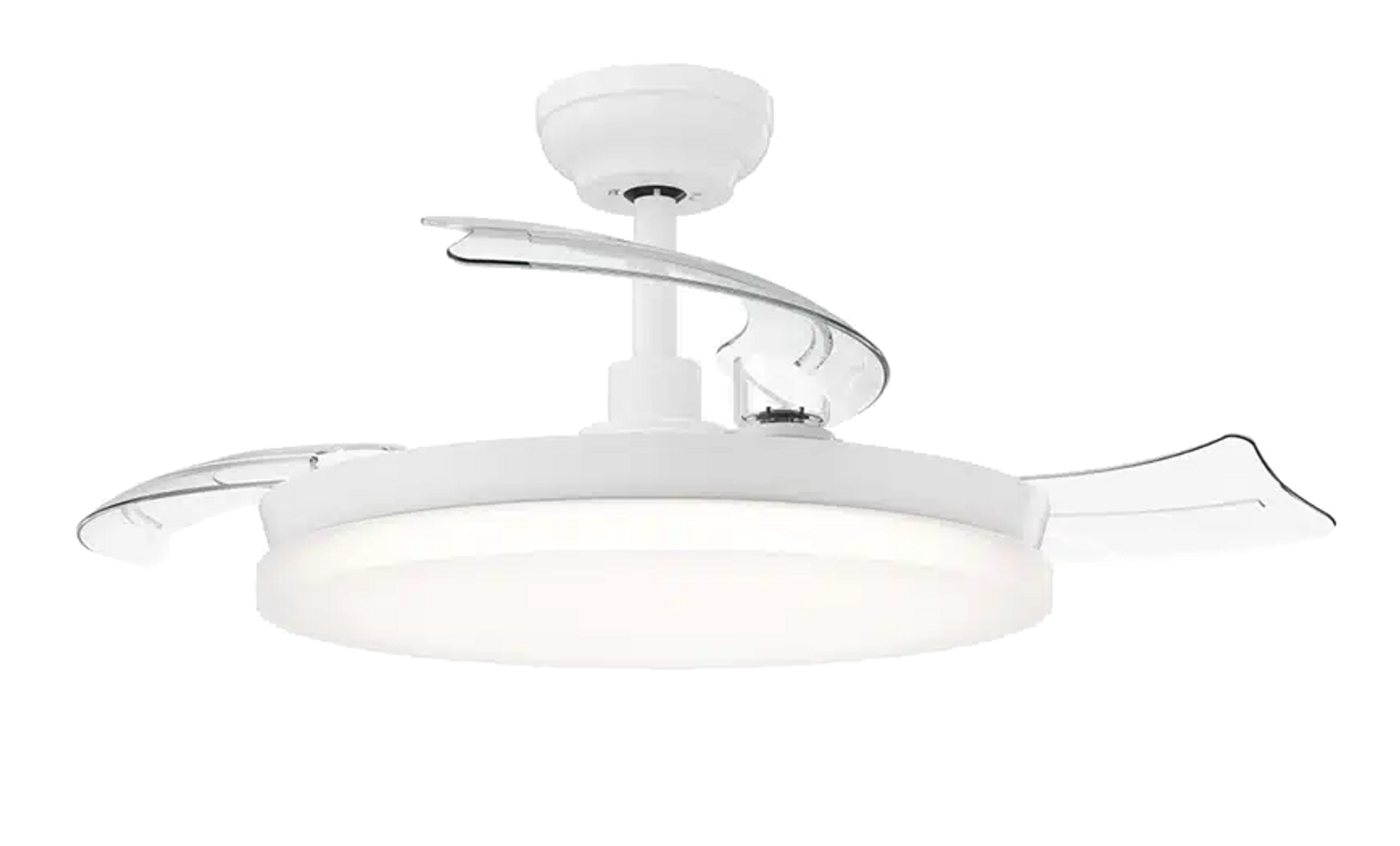 Un moderno ventilatore da soffitto bianco con luce integrata e pale trasparenti.