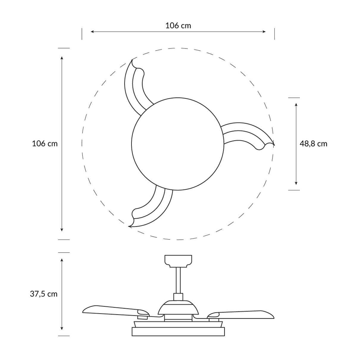 Disegno tecnico di un ventilatore da soffitto con dimensioni. Sopra: Vista dall'alto, sotto: Vista laterale.
