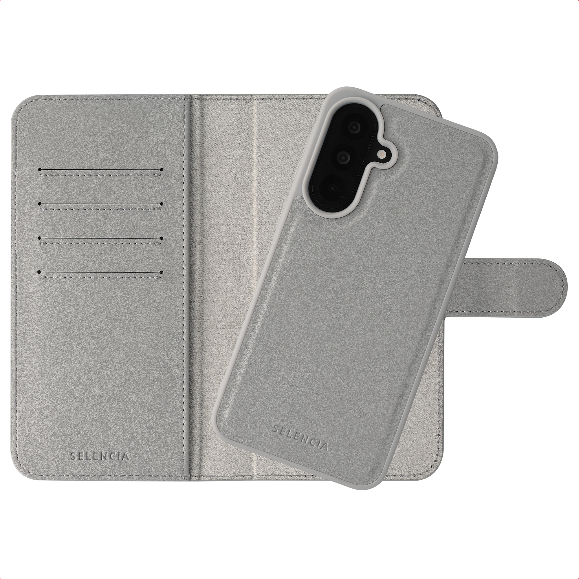 Grijze flipcase met kaartsleuven en zichtbaar cameramodule.