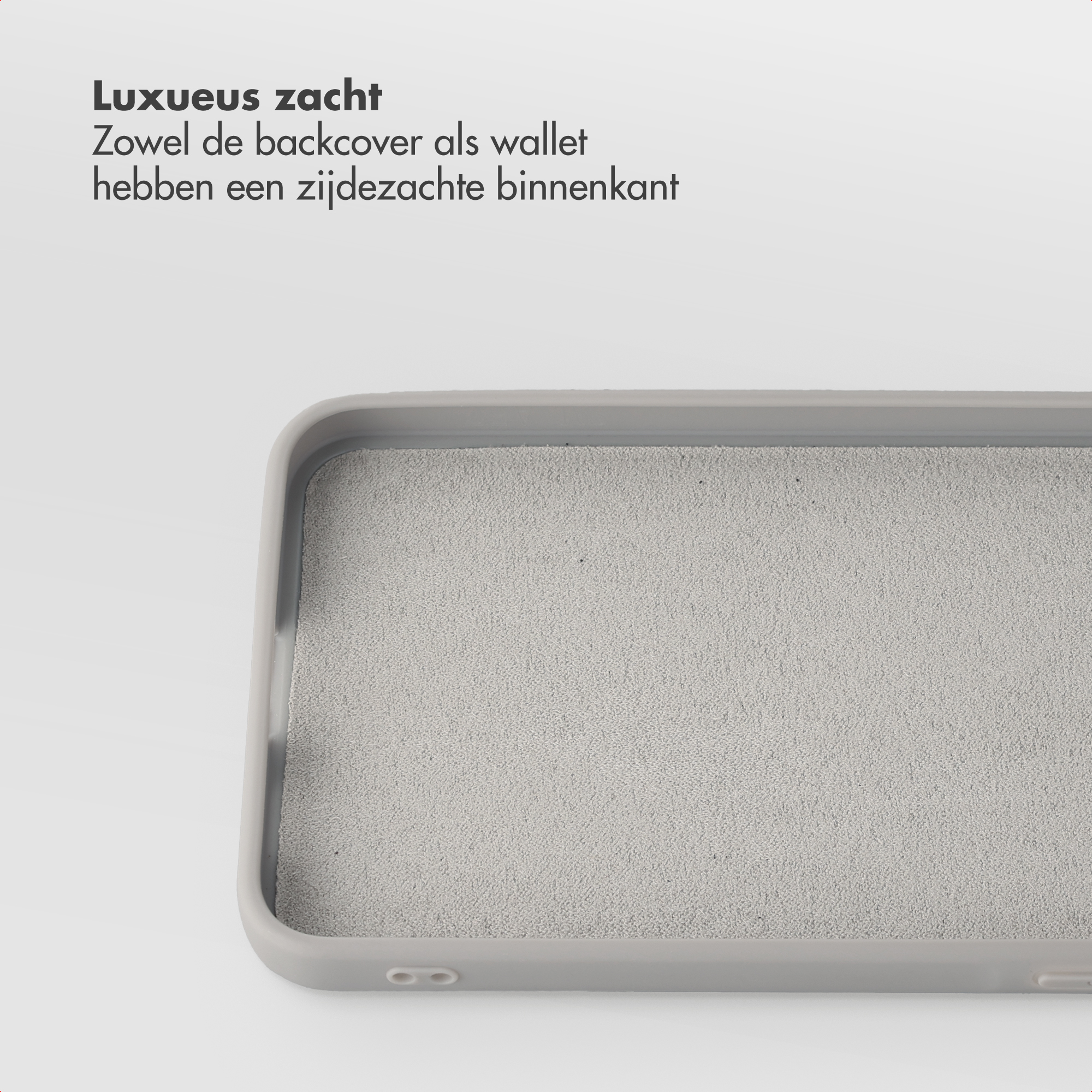 Grijze telefoonhoes met zachte binnenkant, close-up.