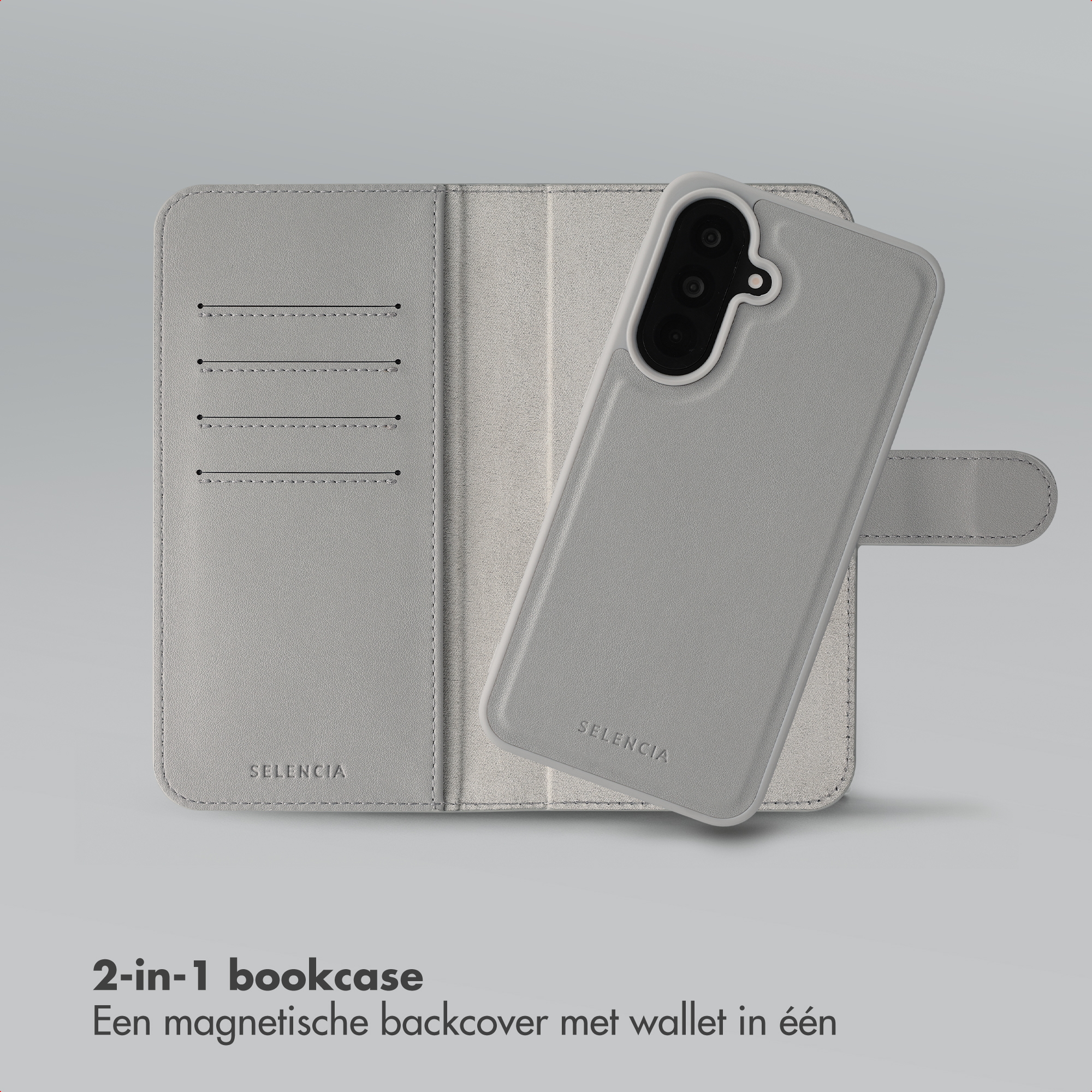 Grijze 2-in-1 bookcase met telefoonhoes en kaartsleuven.