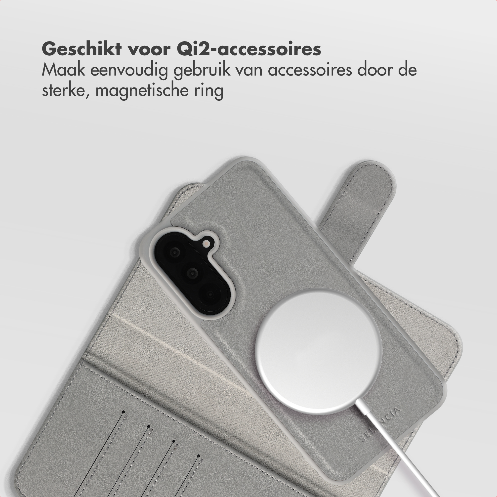 Grijze telefoonhoes met magnetische ring en tekst 'Geschikt voor Qi2-accessoires'.