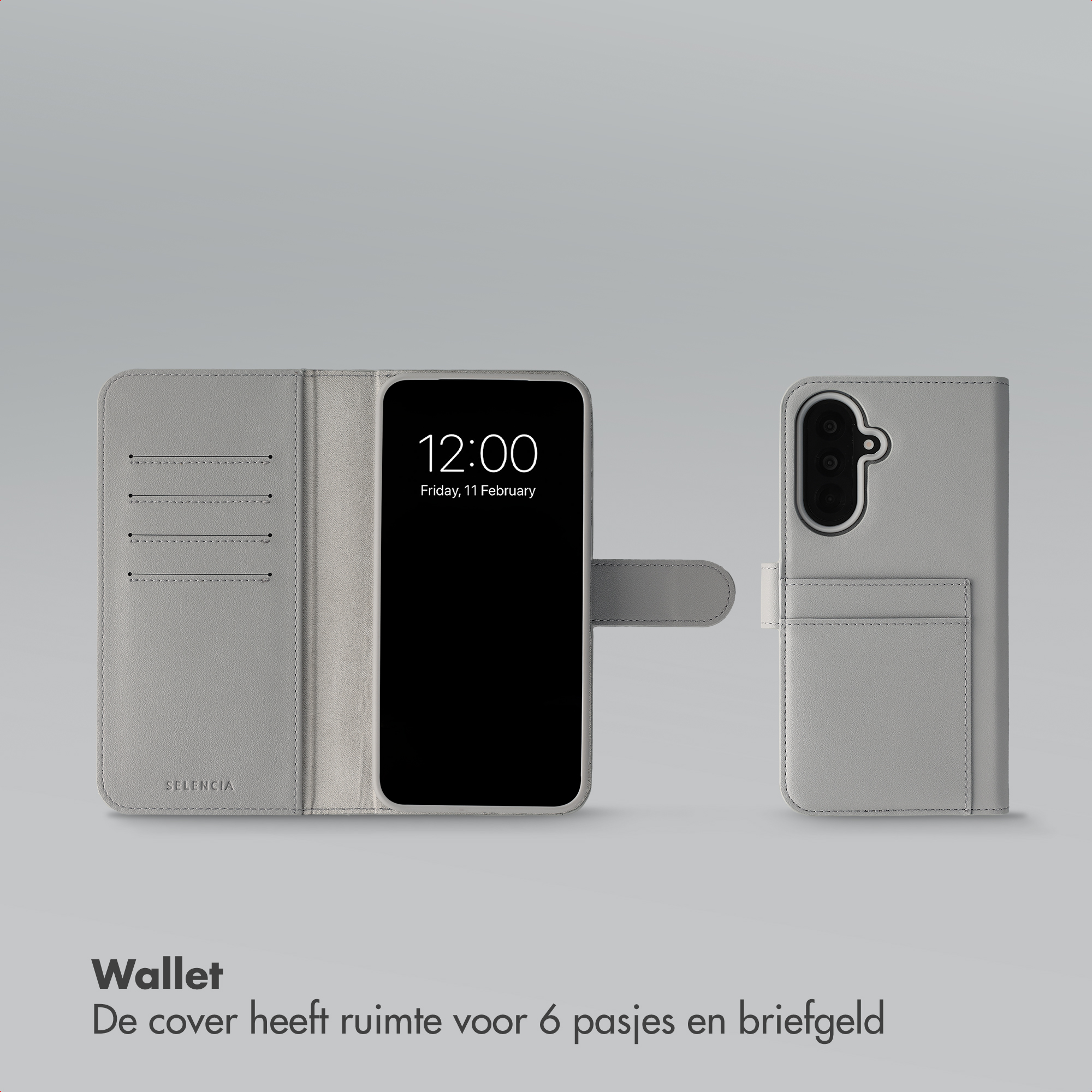 Grijze portemonnee telefoonhoes met kaartsleuven en vak. Toont voor- en achterkant.