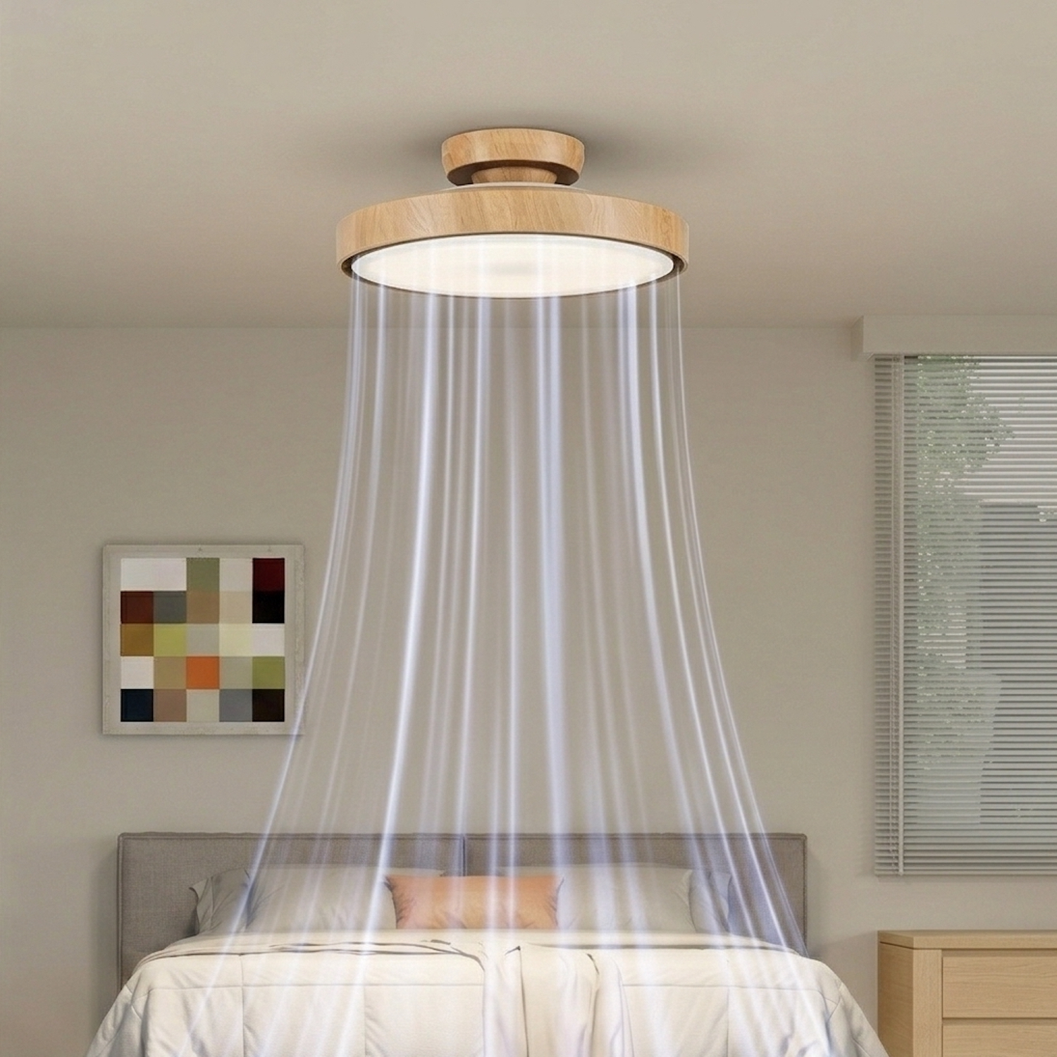 Dormitorio moderno con luz de techo circular de madera y dosel transparente sobre cama.