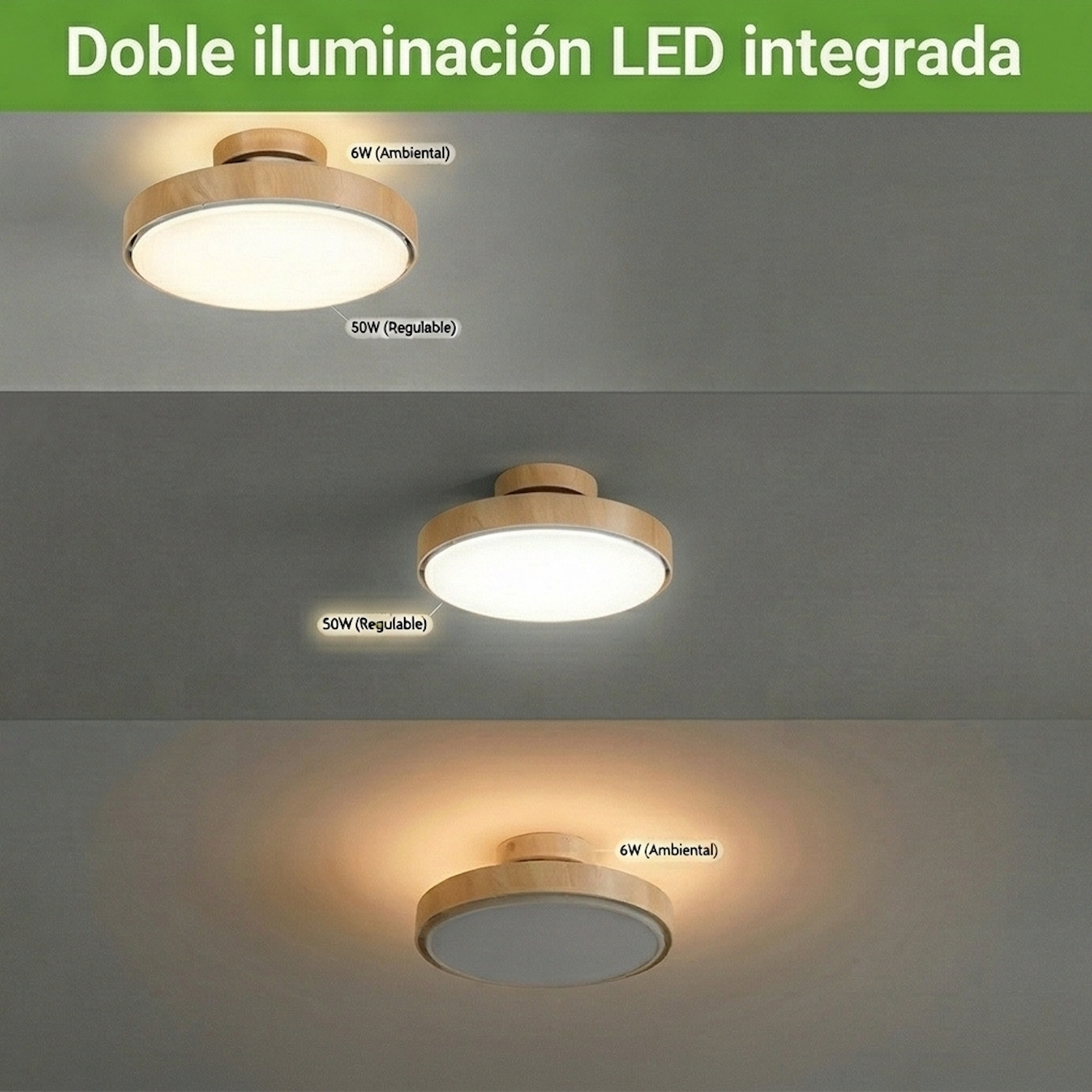 Lámpara de techo con marco de madera muestra diferentes niveles de brillo.