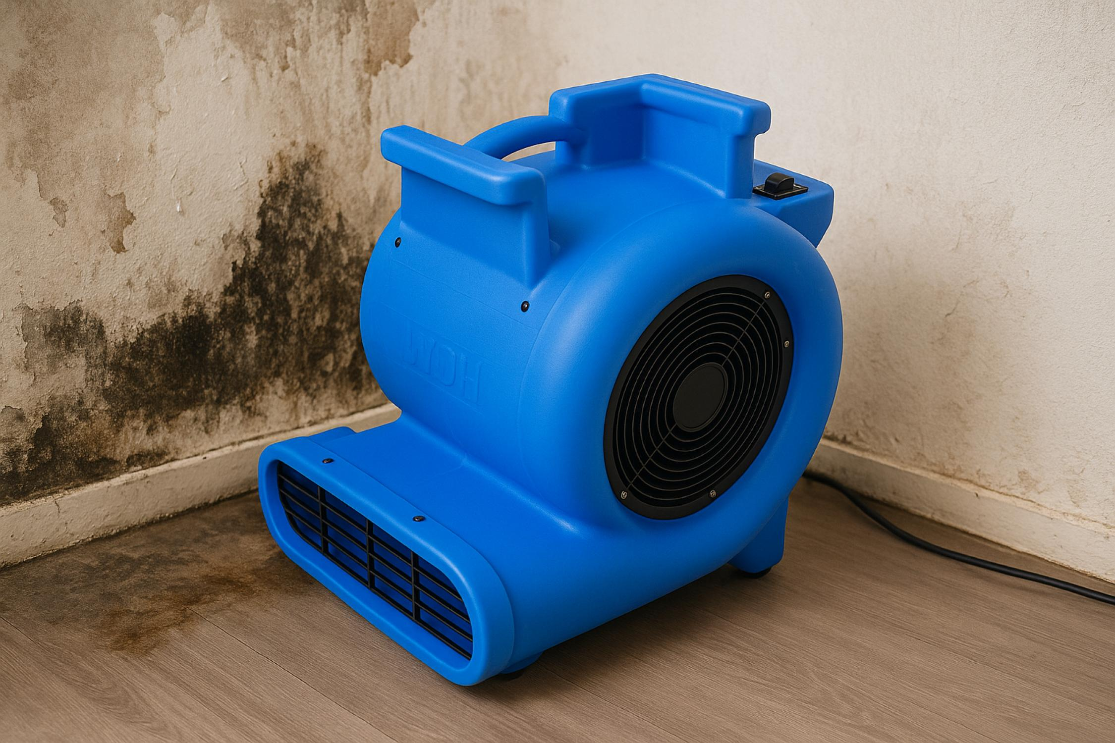 Ein blauer Gebläselüfter steht auf einem Holzboden vor einer verschimmelten Wand.