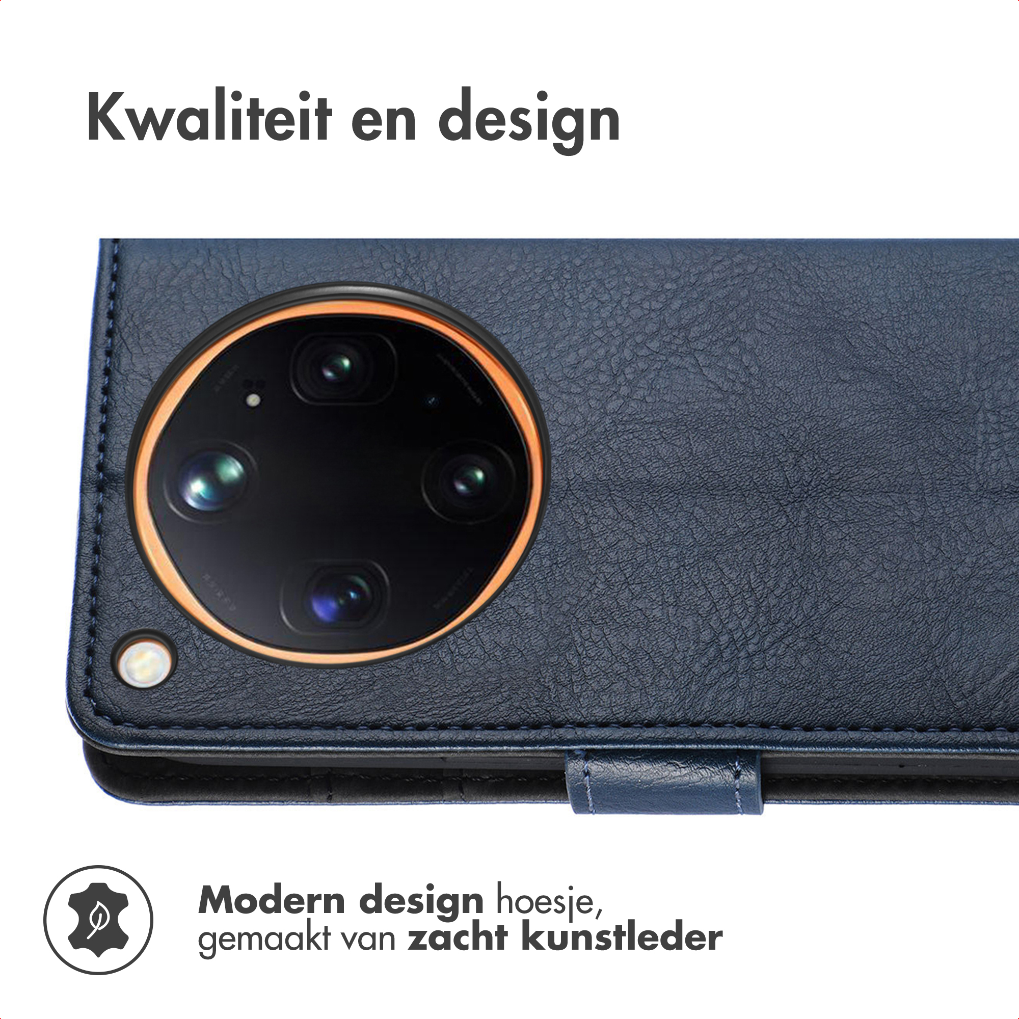 Étui bleu foncé pour téléphone avec ouverture caméra et anneau orange.