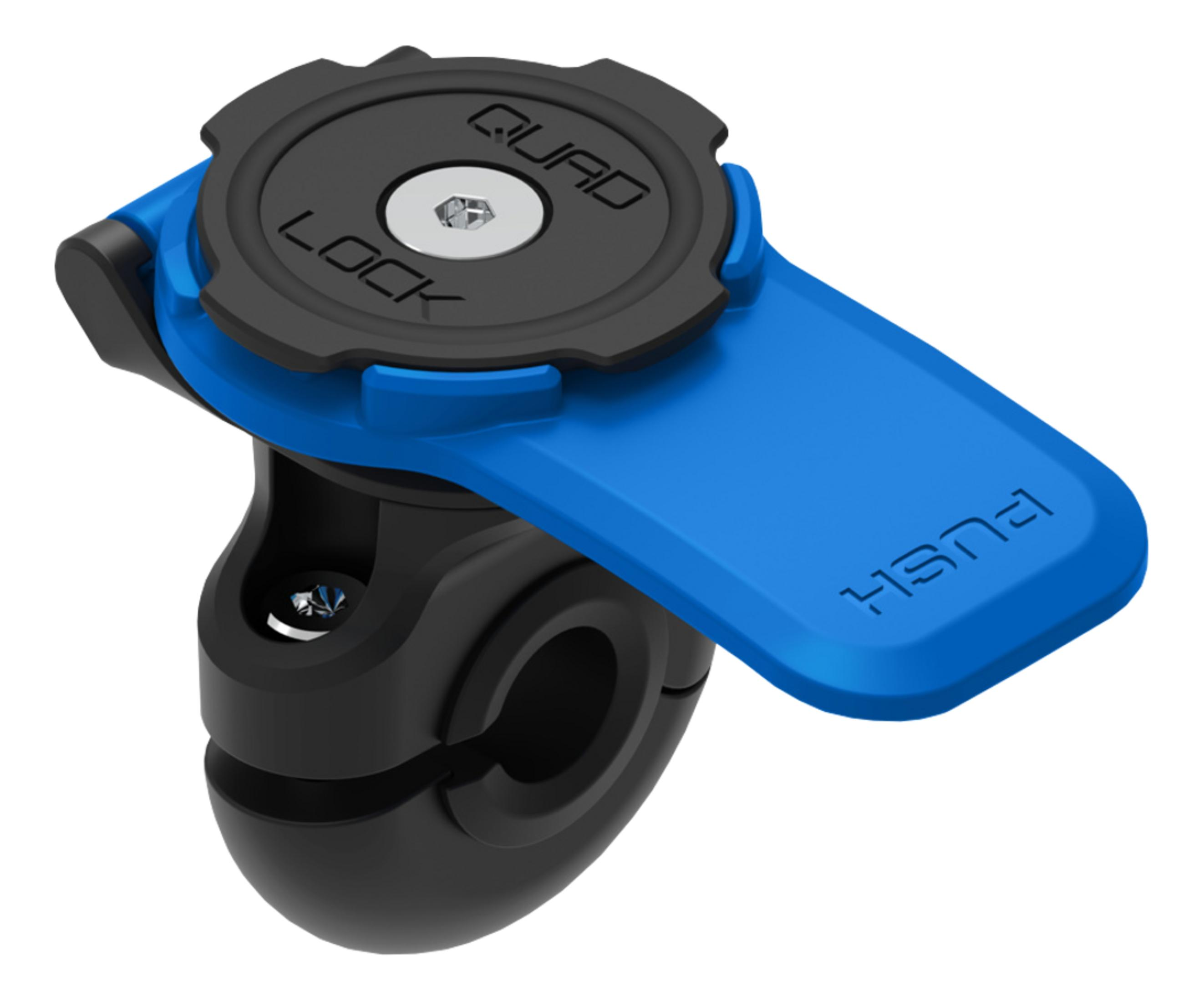 Ein blauer und schwarzer Fahrradhalter mit der Aufschrift "QUAD LOCK PUSH".