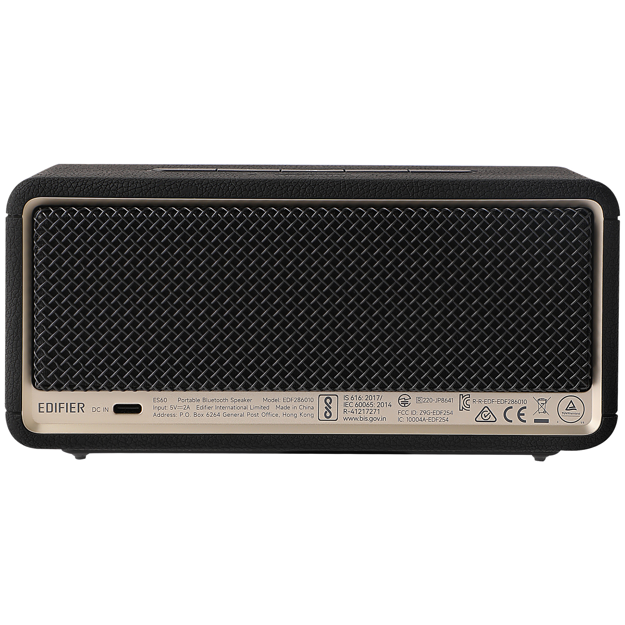 Altoparlante Bluetooth portatile nero Edifier con porta DC IN e varie certificazioni.