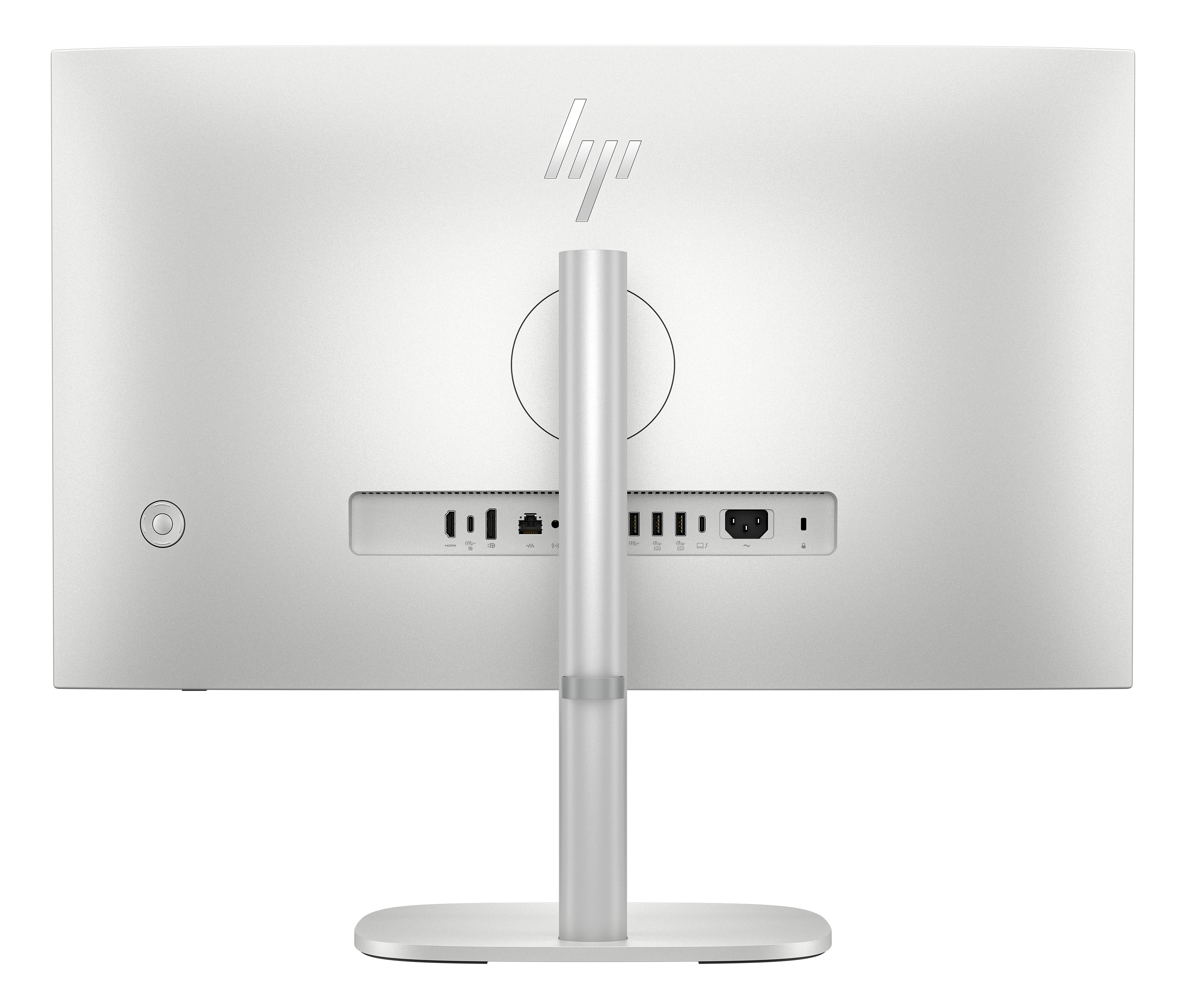Retro di un monitor argentato con logo HP, supporto e porte.