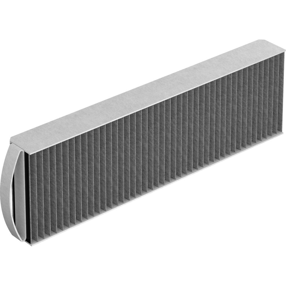 Een rechthoekig grijs luchtfilter met veel plooien en een metalen frame.