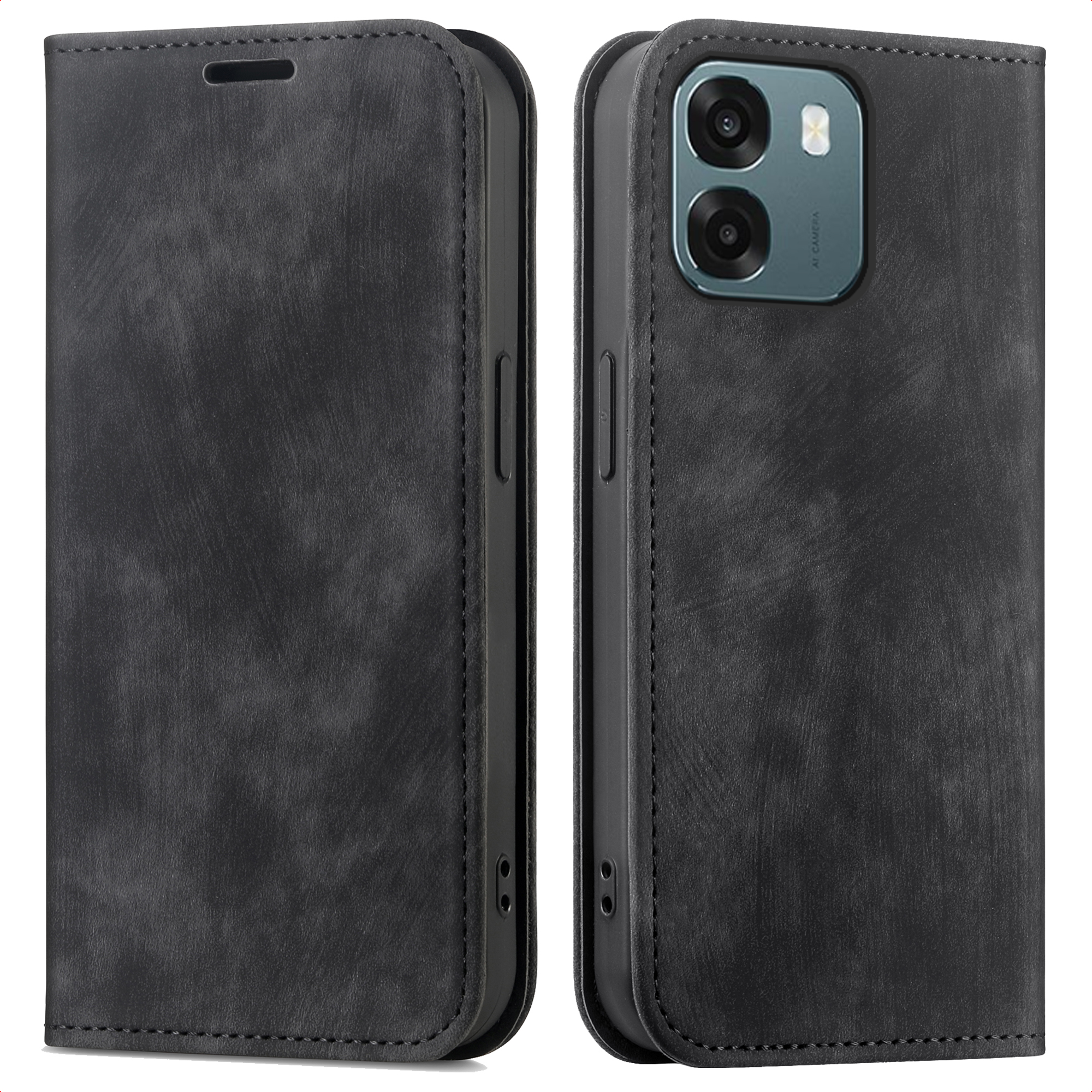 Étui de téléphone noir ouvert montrant les caméras au dos.