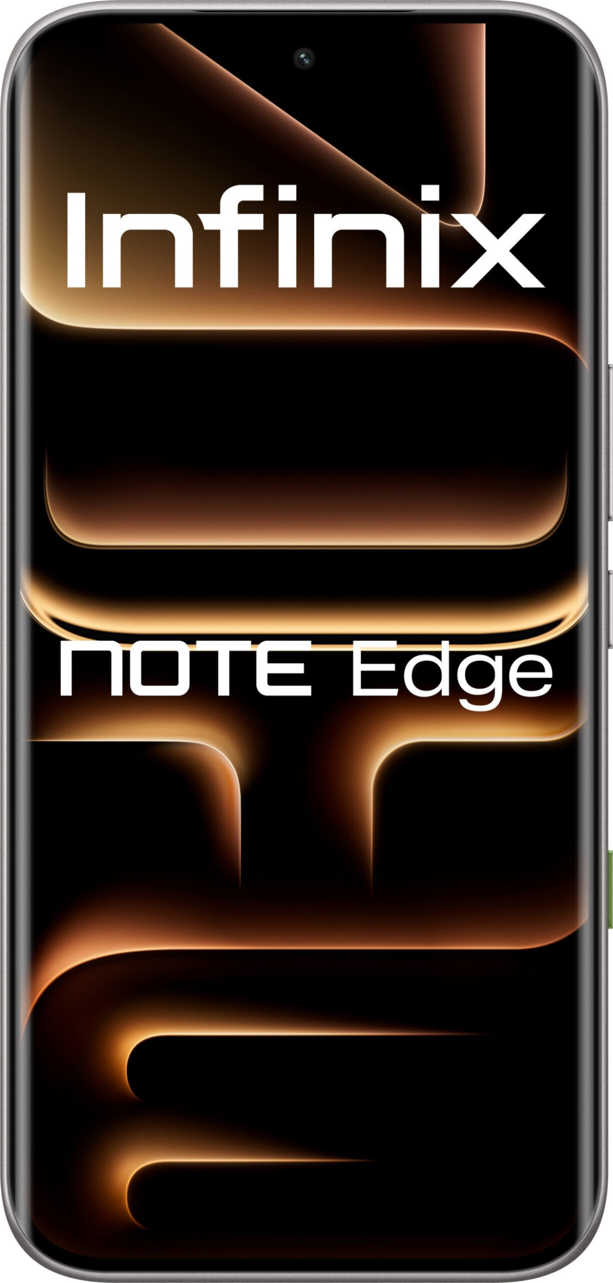 Logo Infinix e testo NOTE Edge su sfondo nero con effetti di luce arancione.